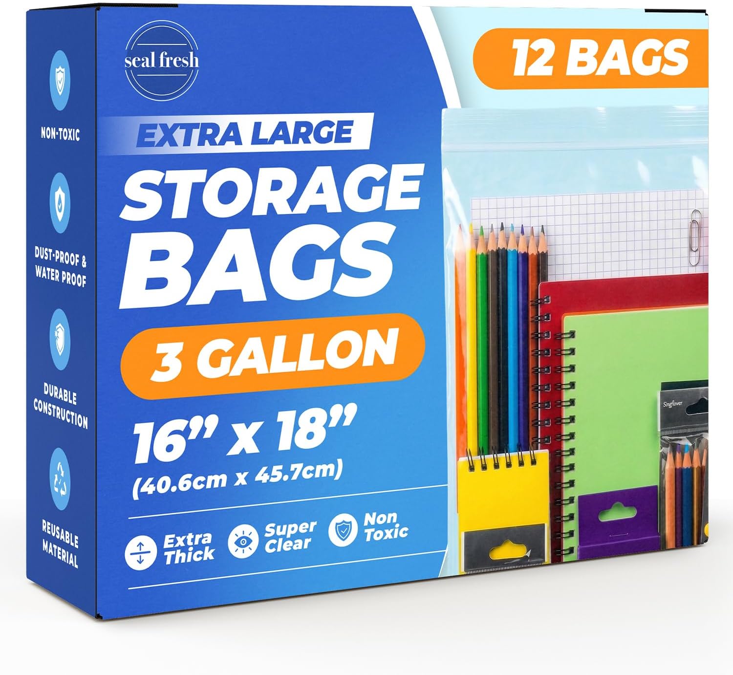 Seal Fresh 3 Gallon Large Plastic Storage Bags – 16" x 18" (12 Count) – Reusable XXL Extra Large Clear Jumbo Zip Bags with Sealable Zipper Top For Clothes, Travel, Moving - Image 2