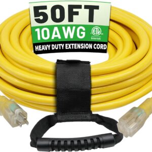 POWGRN 50 Ft 10AWG Outdoor Extension Cord Waterproof Heavy Duty 10 Gauge 3 Prong, Flexible Cold-Resistant Long Power Cord Outside with Lighted Indicator End, 15Amp 1875W SJTW Yellow ETL Listed
