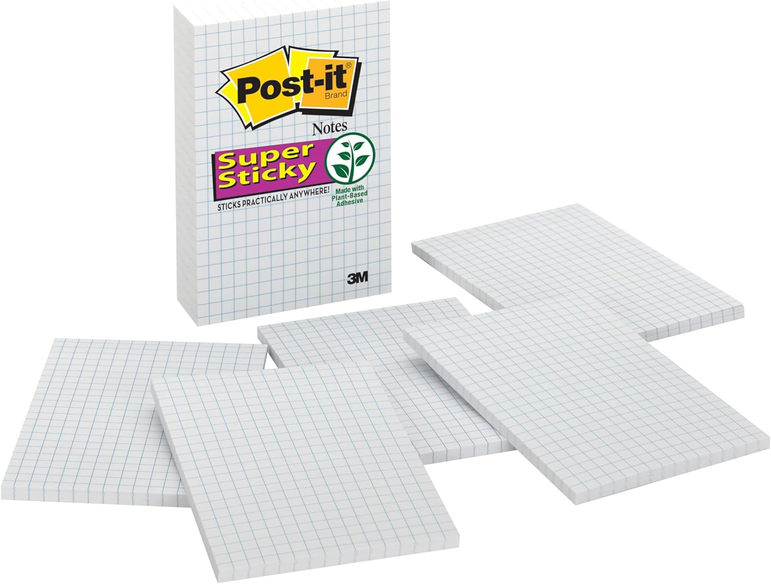 Post-it Super Sticky Notes, 6 Grid Lined Sticky Note Pads, 4 x 6 in, School Supplies, Office Products, Notes for Vertical Surfaces, Monitors, Walls and Windows, White with Blue Grid - Image 2