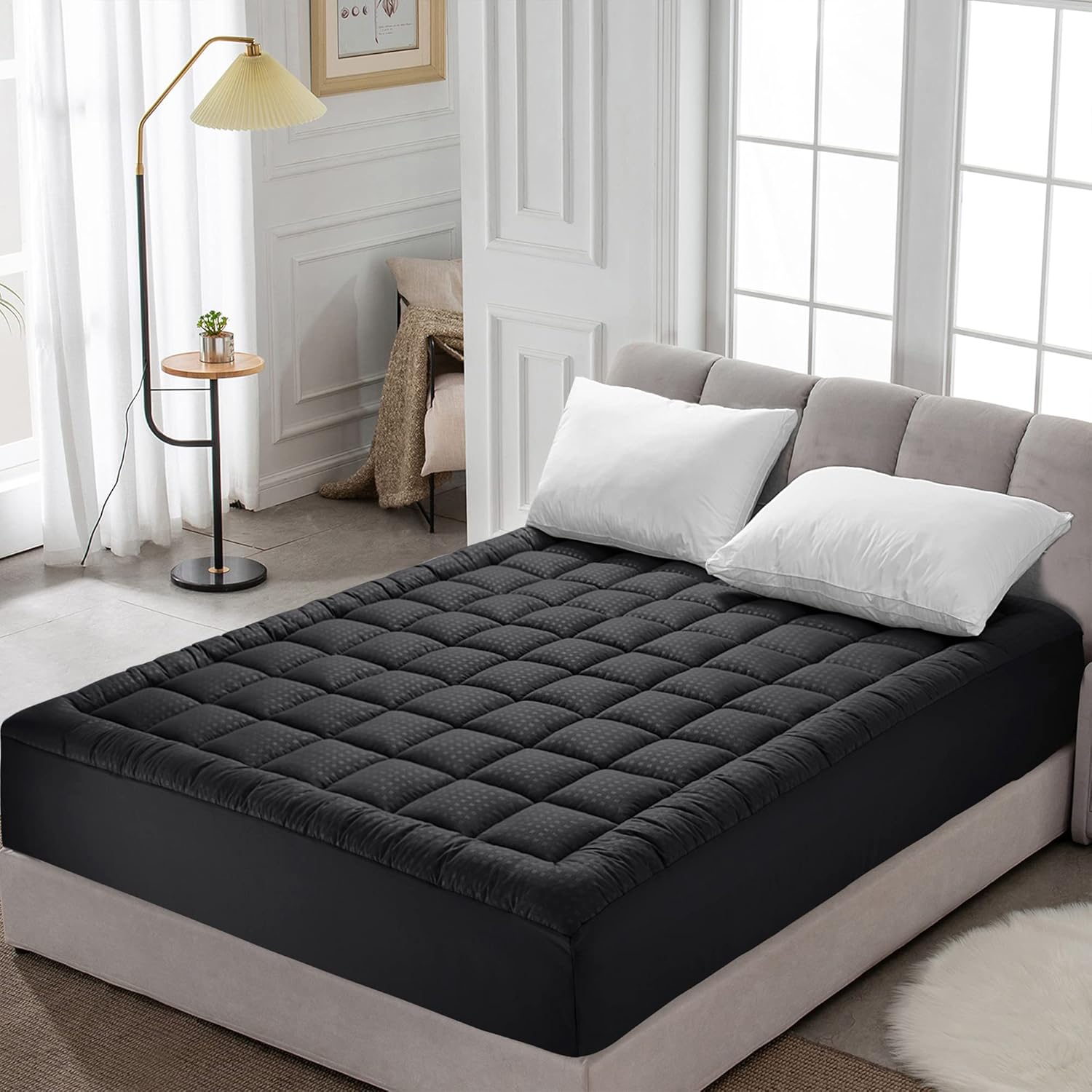 HYLEORY Queen Mattress Pad Quilted Fitted Mattress Protector Cooling Pillow Top Mattress Cover Breathable Fluffy Soft Mattress Topper with 8-21" Deep Pocket, Black - Image 8