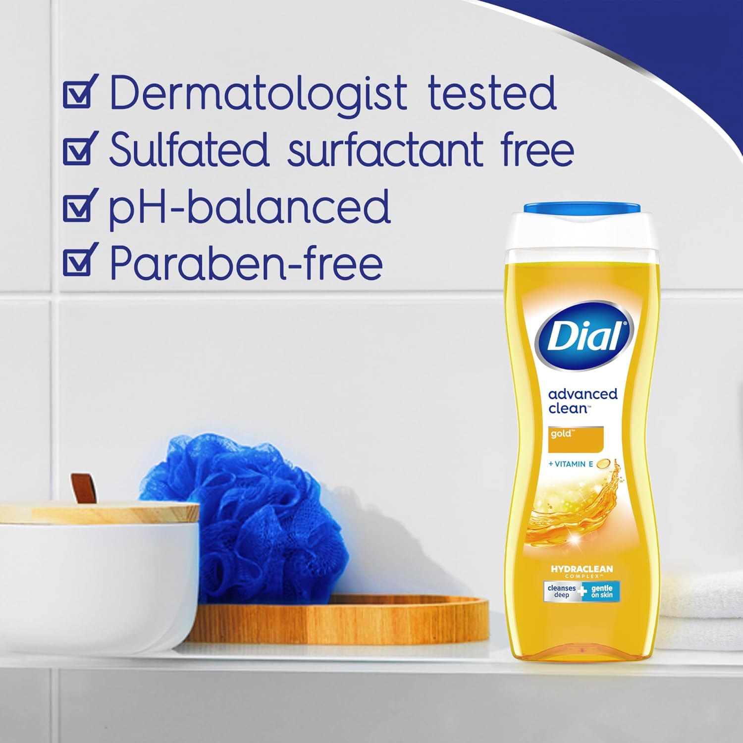 Dial Body Wash, Hydraclean Complex & Vitamin E, Gentle, Leaves Skin Feeling Nourished, Dermatologist-Tested, No Parabens & Sulfates, Advanced Clean, Gold, 16 Fl Oz, (Pack of 4) - Image 4