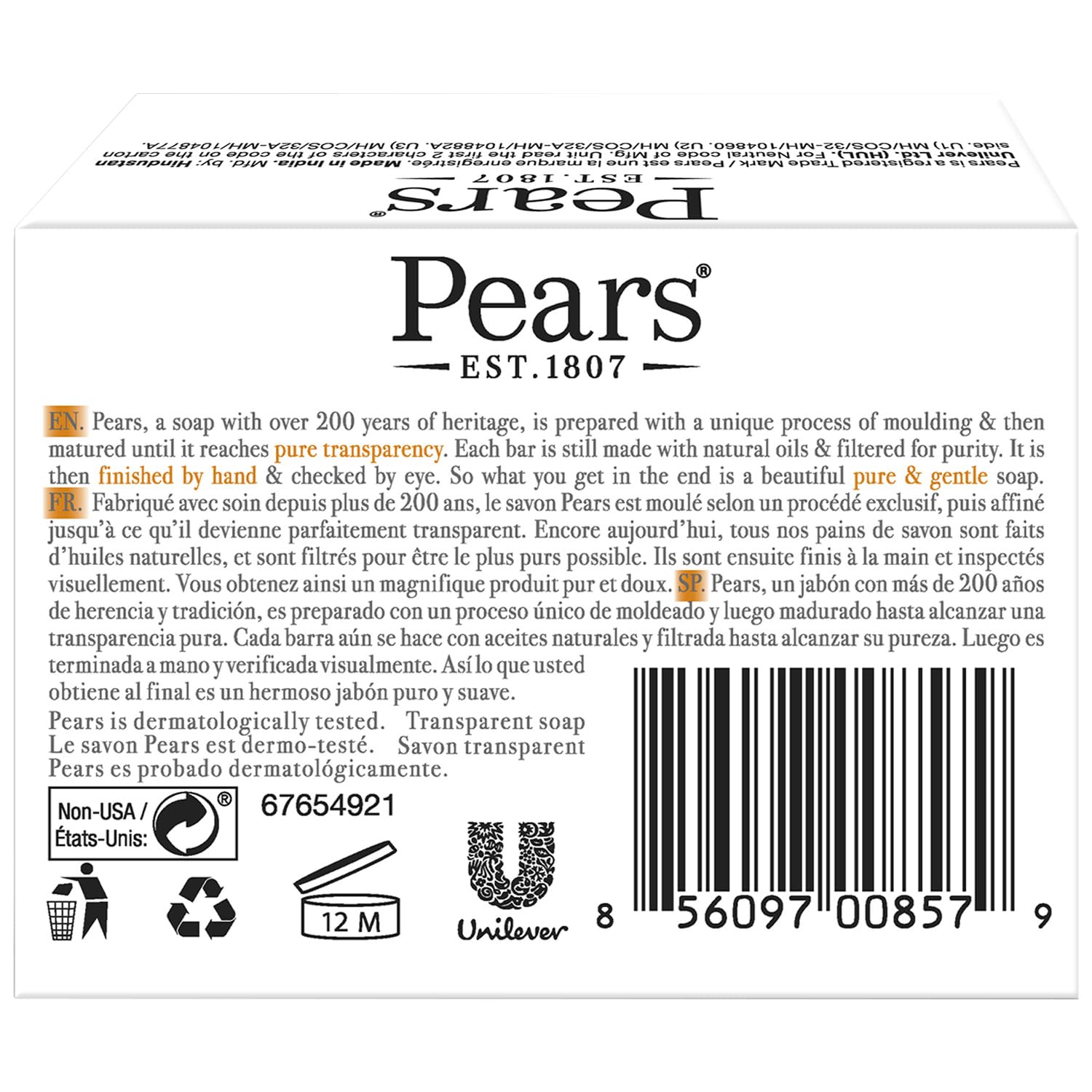 Pears Soap, Pure & Gentle with Natural Oils, 12-Pack – Transparent Amber Glycerin Soap for Pampered, Glowing Skin, 4.4 Oz Ea - Image 3