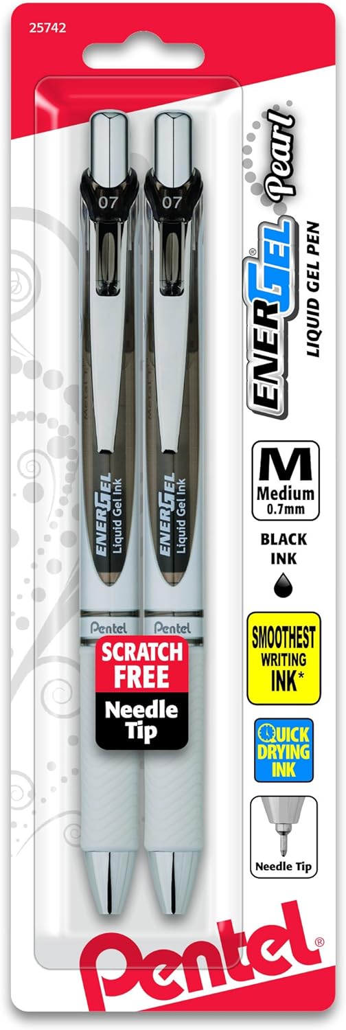Pentel EnerGel Pearl RTX Retractable Liquid Gel Pen, (0.7mm), Medium Line, Needle Tip, Black Ink, Pack of 2 (BLN77WBP2A) - Image 2