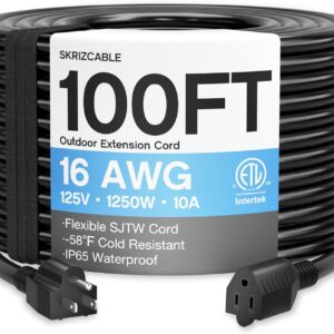 16/3 100 Ft Outdoor Extension Cord Waterproof, Weatherproof & Flame Retardant Black 3 Prong Power Cord Outside for Lawn & Garden, 16AWG 10A 1250W 125V SJTW ETL Listed