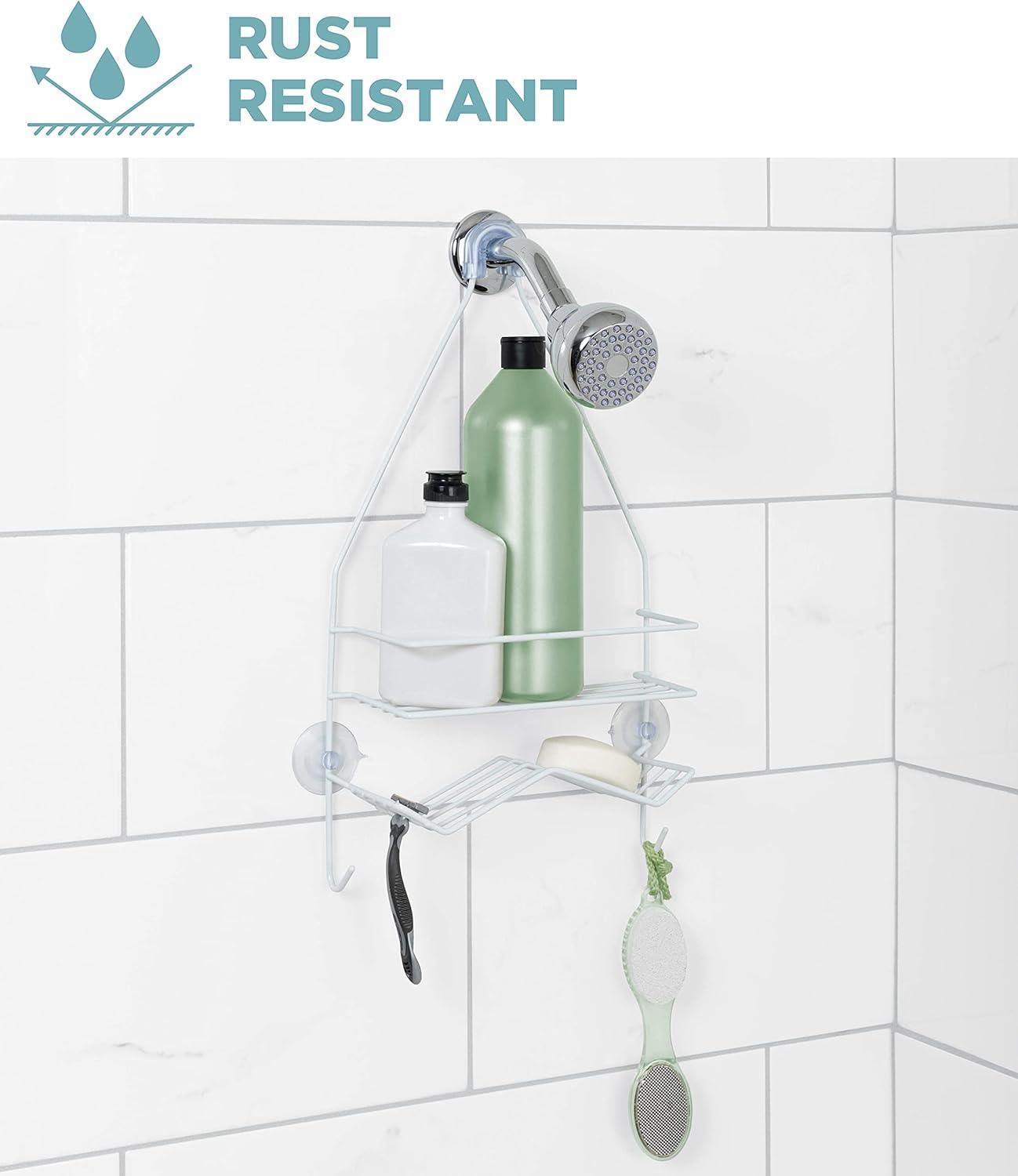 Zenna Home Rust Resistant Hanging Shower Caddy, Over the Shower Head Caddy with 1 Wide Shelf and Built In Soap Dish, Steel Bathroom Hanging Organizer, White - Image 3