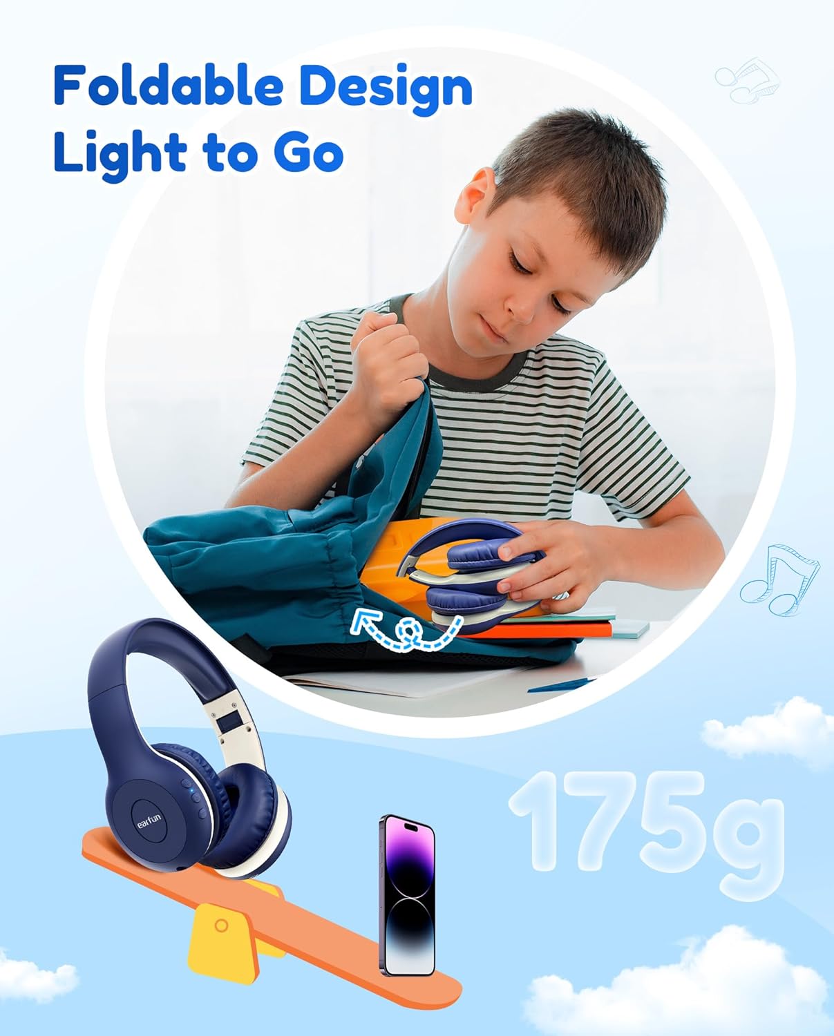 EarFun K2 Kids Bluetooth Headphones, Kids Headphones with Volume Limited, 40H Playtime, Built-in Mic, Stereo Sound, Foldable Over-Ear Headphone for School/Travel/iPad/Tablet, Blue - Image 7