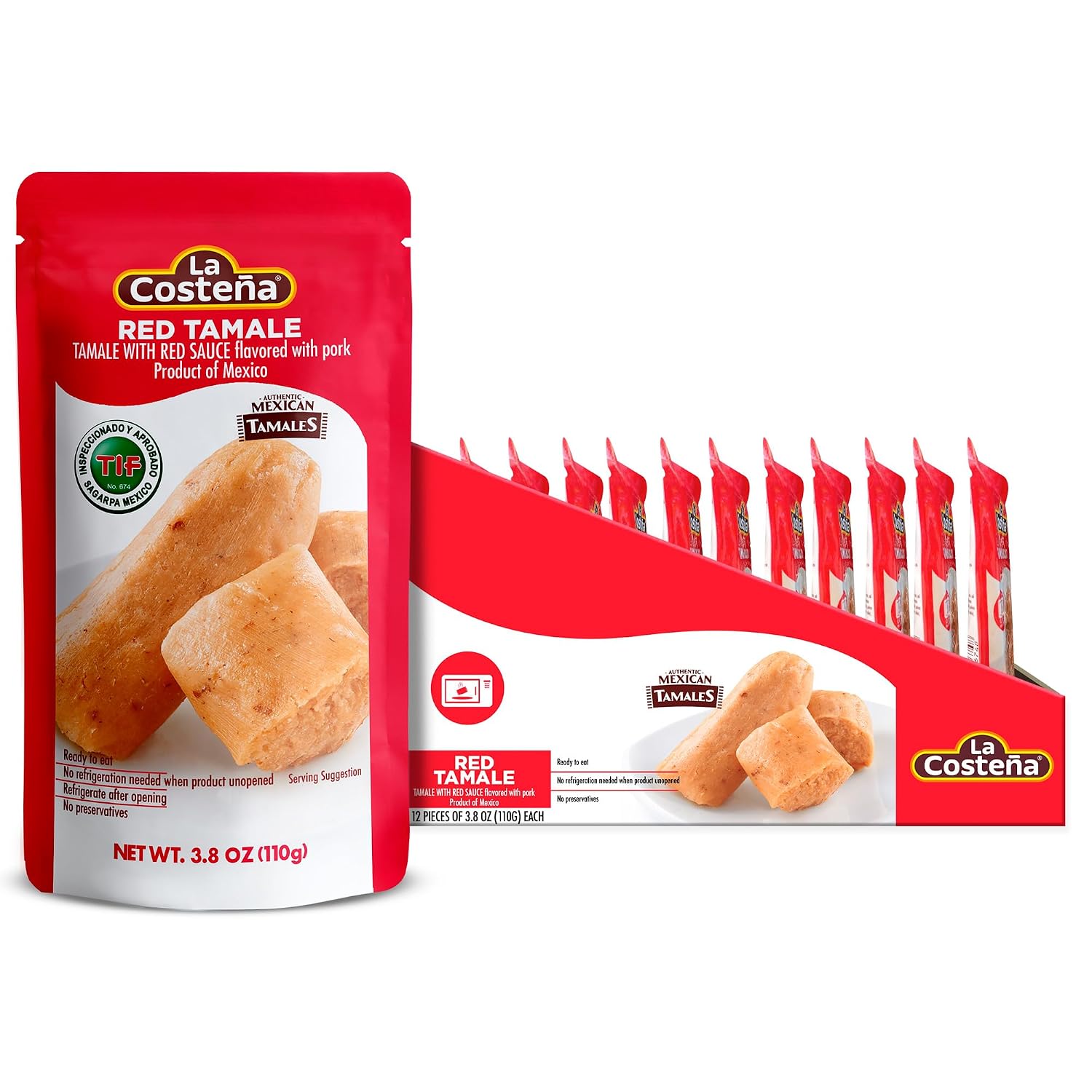 La Costeña Red Tamales - Made with Pork, Red Sauce & Masa Corn Meal - Microwavable Ready to Eat Meals No Refrigeration - Premade Easy Meals - Instant Lunch To Go - Mexican Food - 3.8 oz, 12 Pack - Image 2