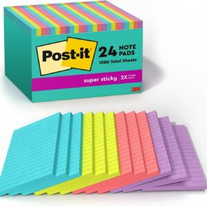 Post-it Super Sticky Notes, 4-inch x 6-inch, Supernova Neons Collection, Lined, 45 Sheet/Pad, 24 Pads/Pack (660-24SSMIA-CP)