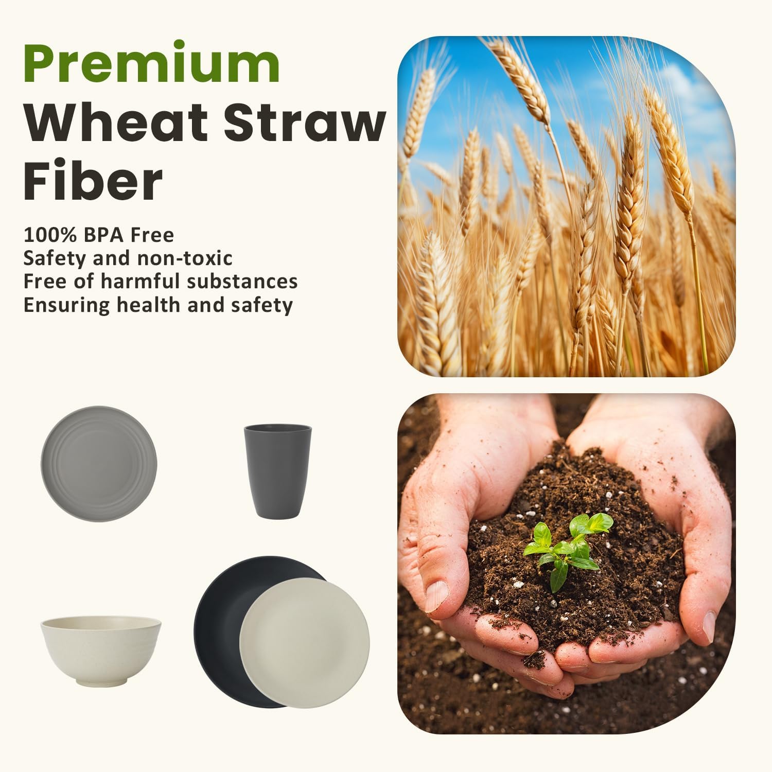 Homienly Kitchen Wheat Straw Dinnerware Set 40 PCS - Dinner Plates, Cereal Bowls, Wheat Straw Cups Set, Microwave and Dishwasher Safe Dishes Set, Unbreakable Dish Set for Party, Outdoor(Grey Stone) - Image 7