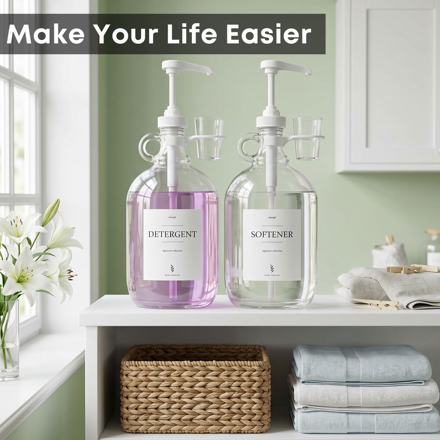 2 Pcs Glass Liquid Laundry Detergent Dispenser with Cup Holders, Half Gallon Dispenser for Laundry Room (64 oz. Each), Laundry Detergent Bottles with Pump Dispenser -Includes Labels, Measuring Cups - Image 5
