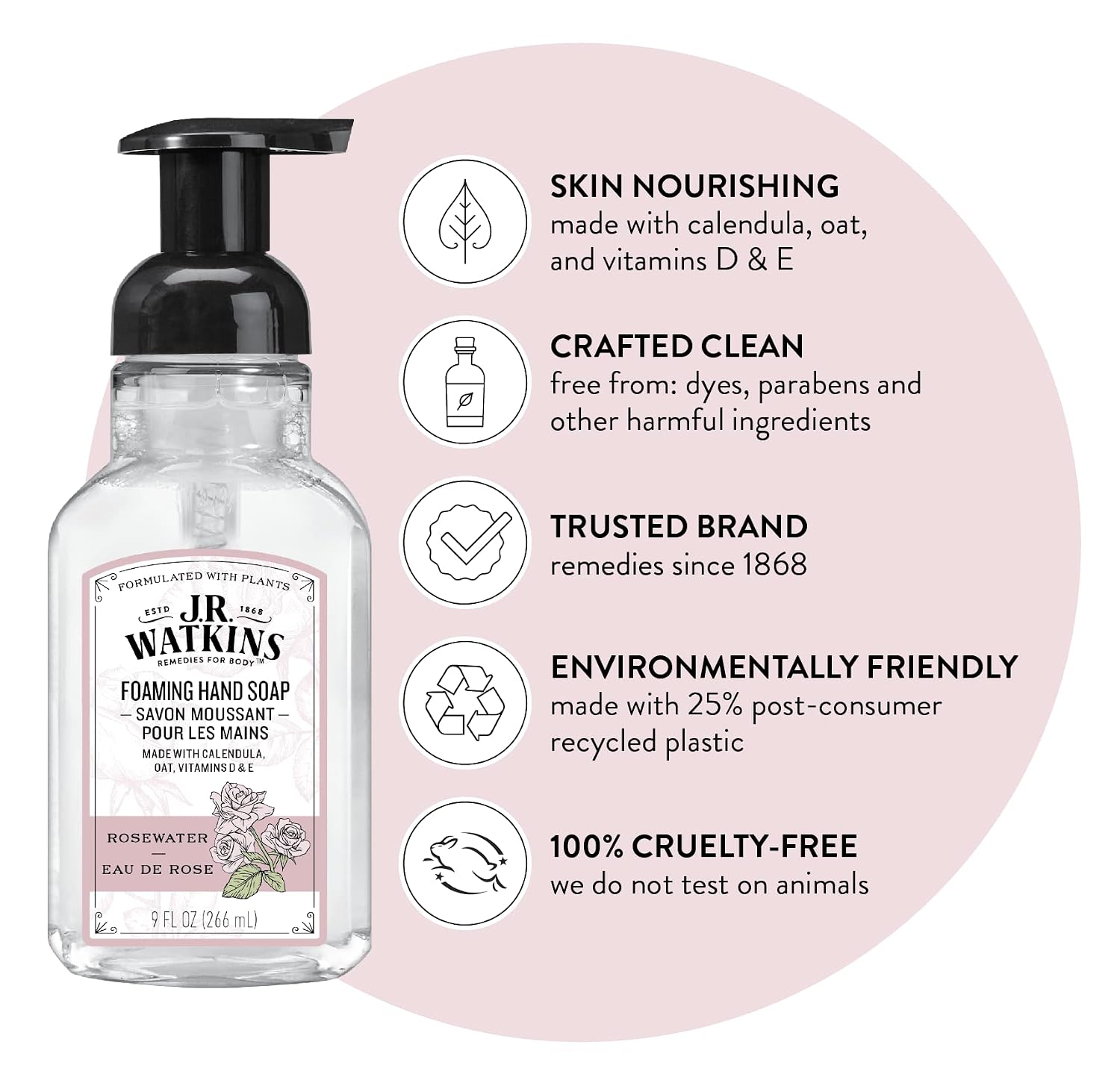 J.R. Watkins Foaming Hand Soap with Pump Dispenser, Moisturizing Foam Hand Wash, Alcohol-Free, Cruelty-Free, eau de rose, 9 fl oz, 3 Pack - Image 3