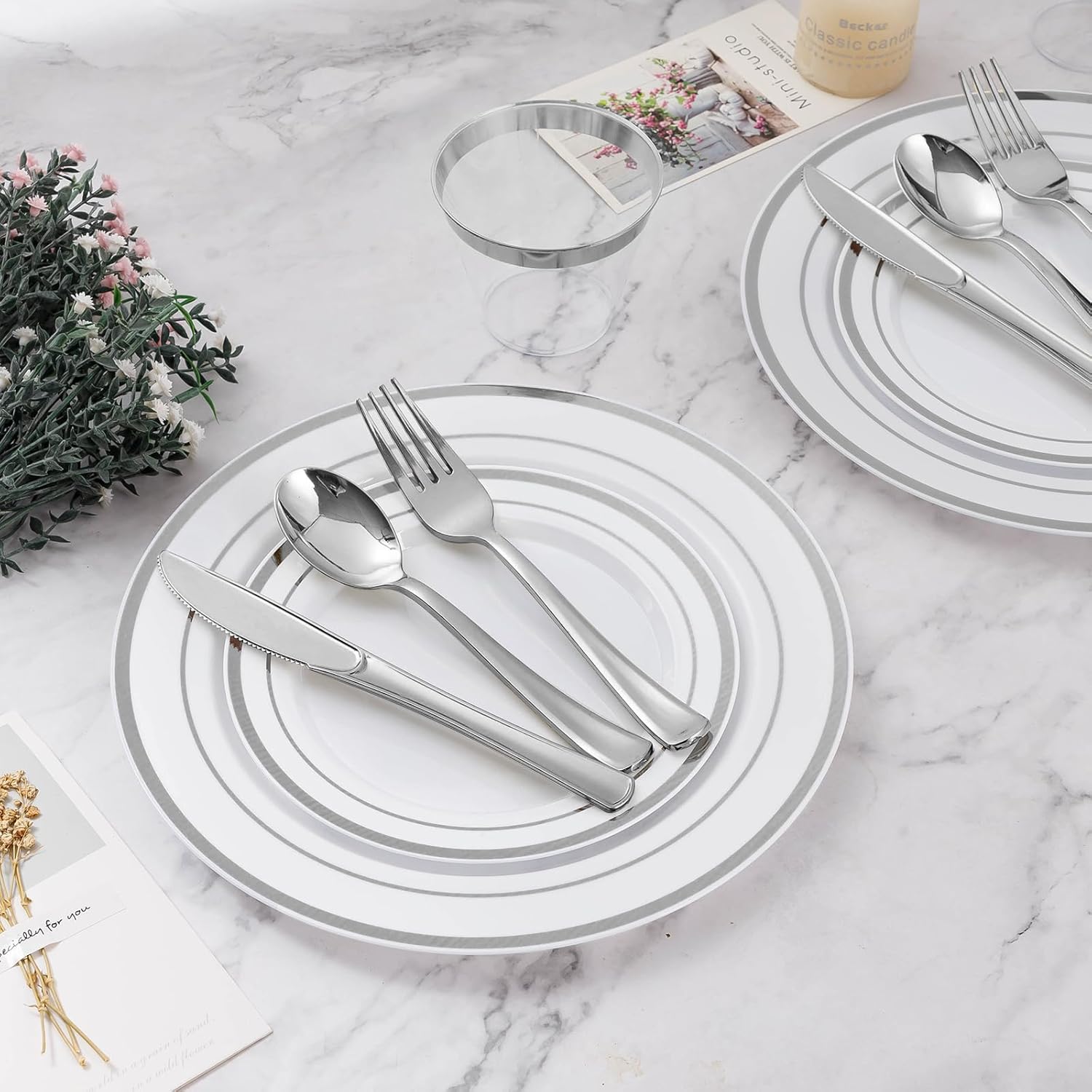 BESTVIP 600PCS Silver Dinnerware Set for 100 Guests, Plastic Plates for Party, 100 Silver Disposable Plates, 100 Dessert Plates, 100 Cups, 100 Spoons, 100 Forks and 100 Knives - Image 7