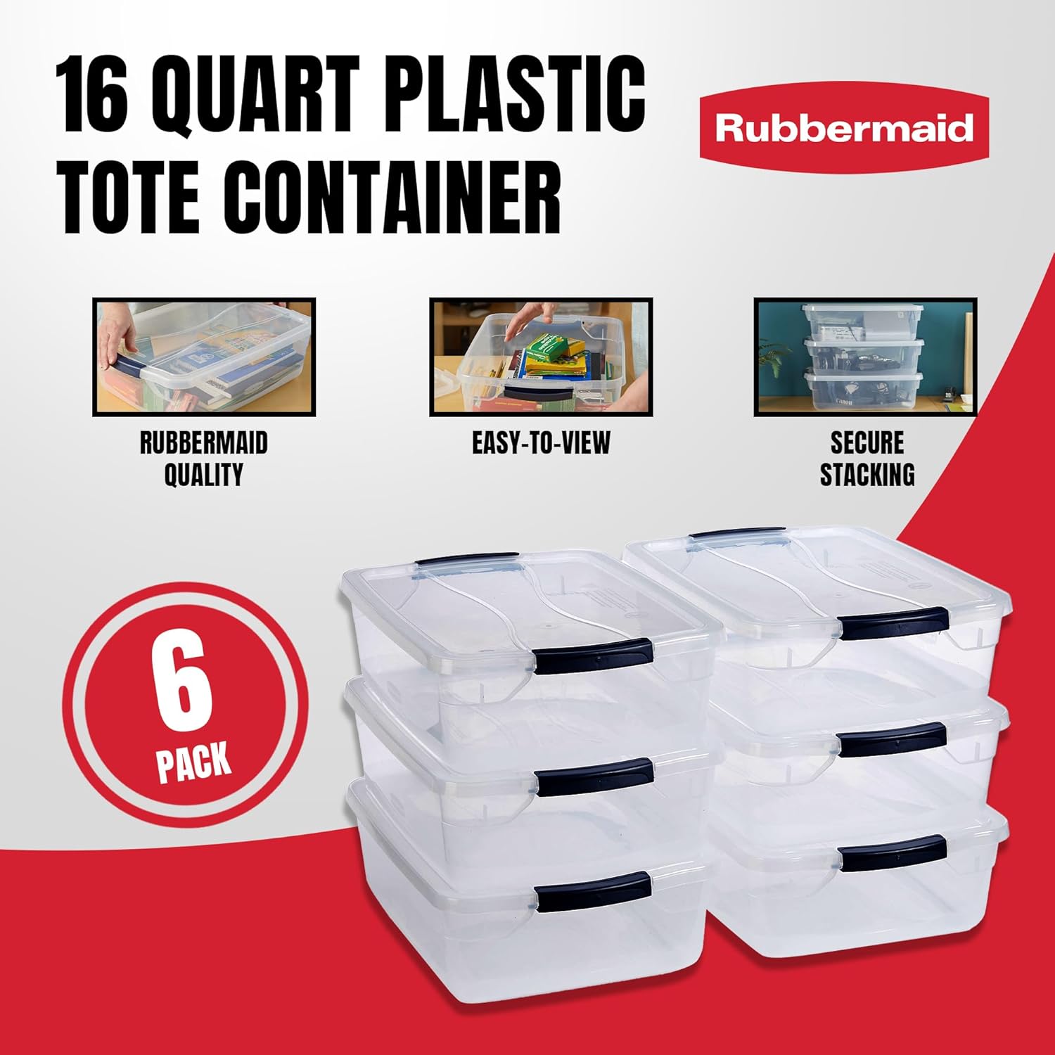 Rubbermaid Cleverstore 17 Qt Clear Storage Bins with Lids, 6-Pack, Stackable, BPA-Free, Made in USA - Image 3