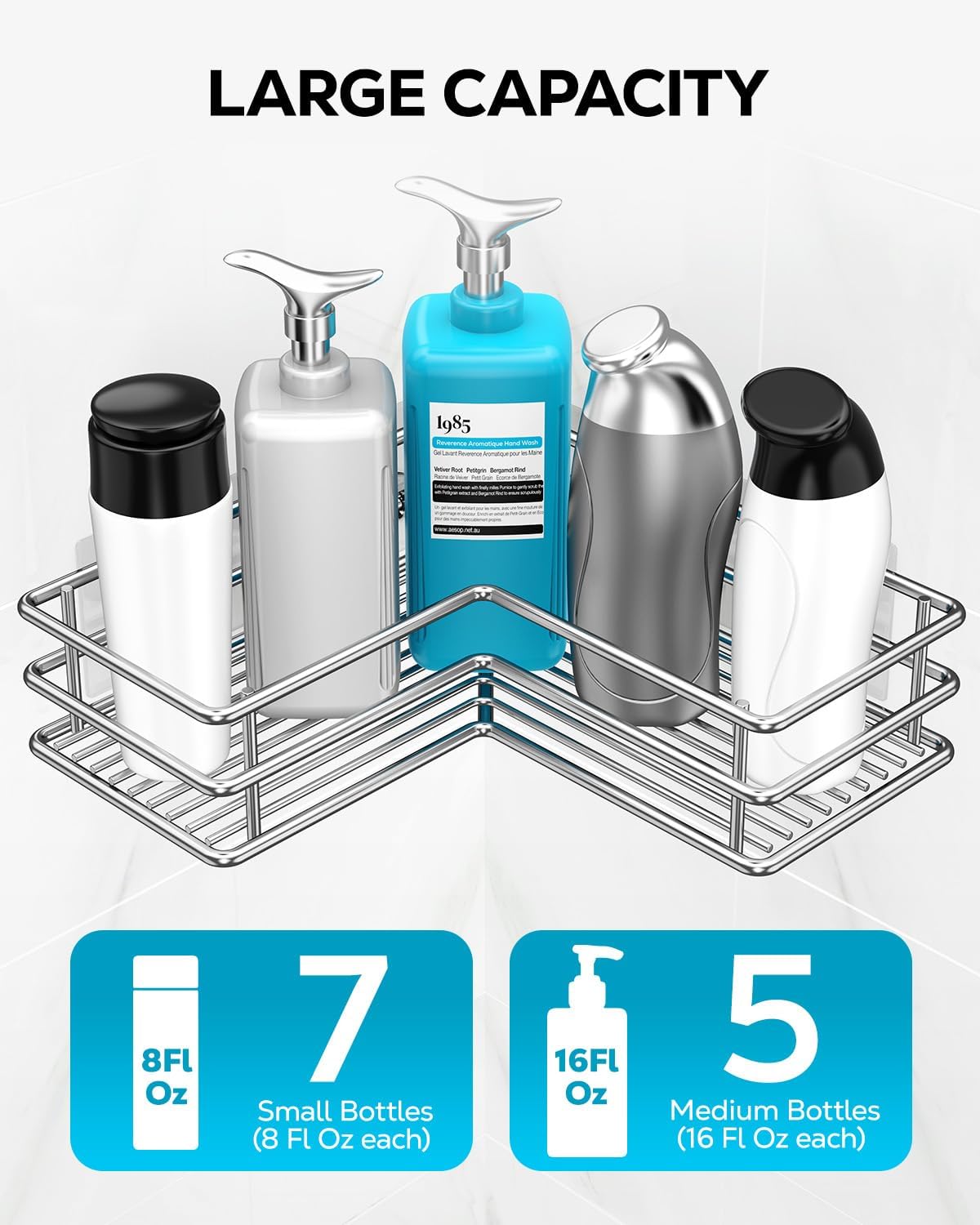Nieifi Corner Shower Shelves Stainless Steel, Adhesive Shower Caddy Basket Rack with Hooks, Rust Proof for Bathroom Shelf Shampoo Holder (Silver, 2 Pack) - Image 5