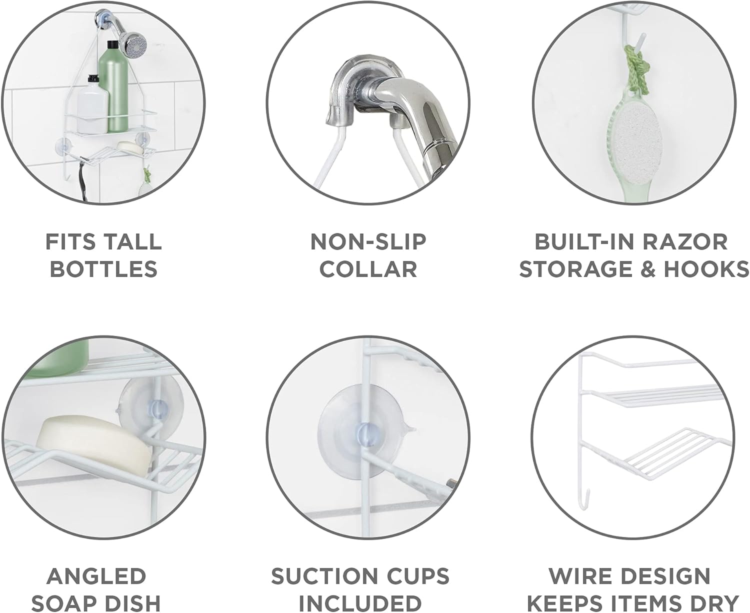 Zenna Home Rust Resistant Hanging Shower Caddy, Over the Shower Head Caddy with 1 Wide Shelf and Built In Soap Dish, Steel Bathroom Hanging Organizer, White - Image 5