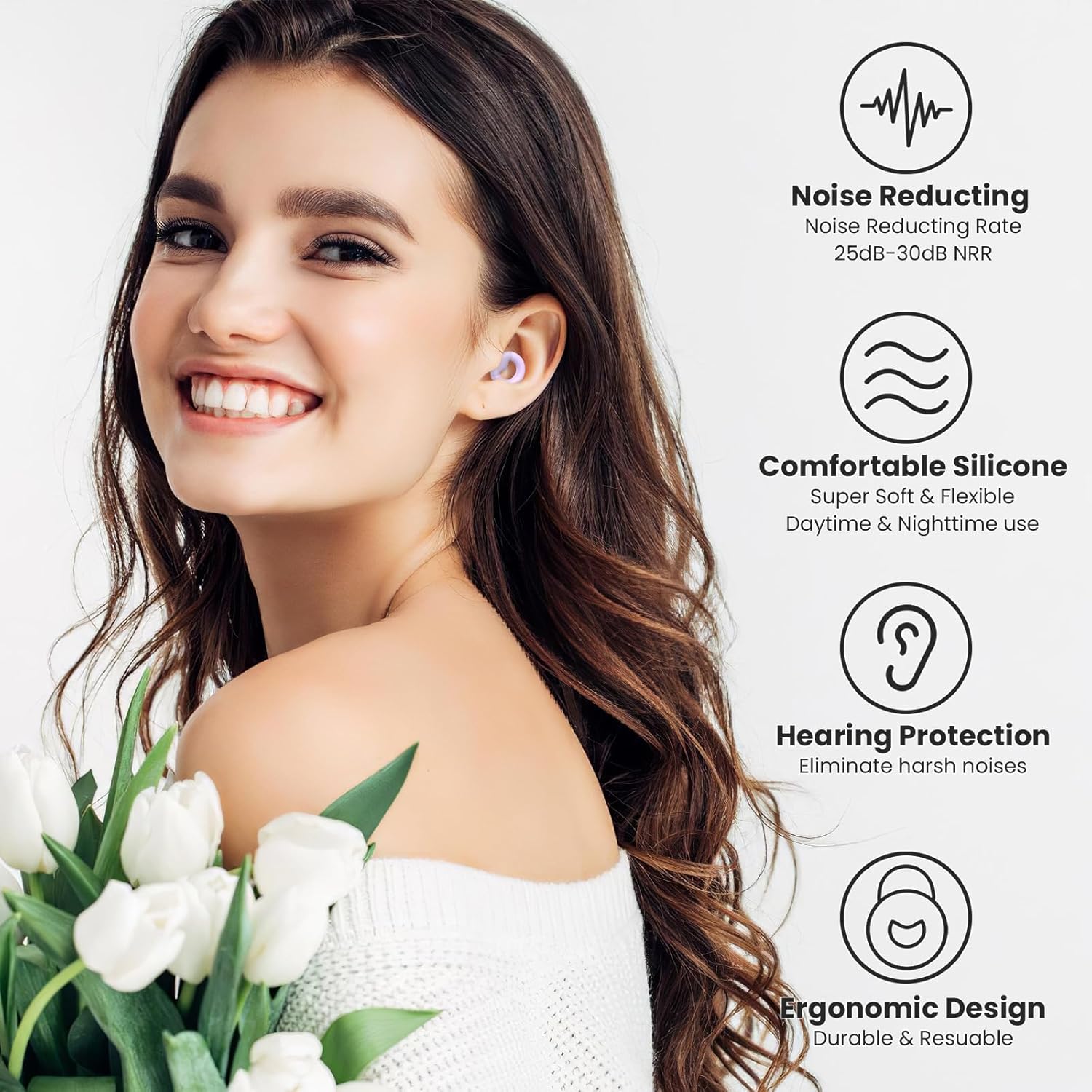 JUSTRVN Earplugs for Sleeping,Noise Reduction Soft Silicone Ear plugs with 7 Pairs Ear tips&One Connection Cord,Hearing Protection Reusable Earplugs for Sleeping,Concert,Work&Sound Reduction 25dB-30db - Image 5
