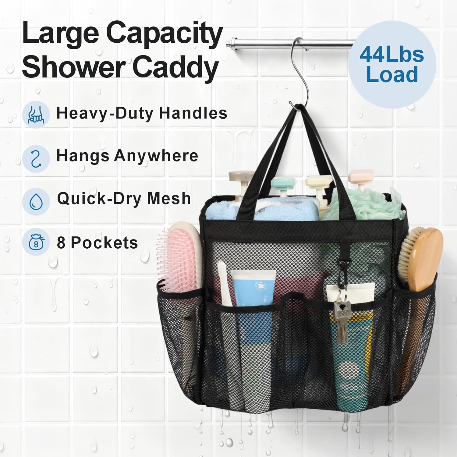 F-color Mesh Shower Caddy Portable for College Dorm Room Essentials with S Hook, 8 Pockets 2 Handles Quick Dry Shower Bag for Camping, Travel, Gym, Bathroom, Hanging Toiletry Organizer, Black - Image 3