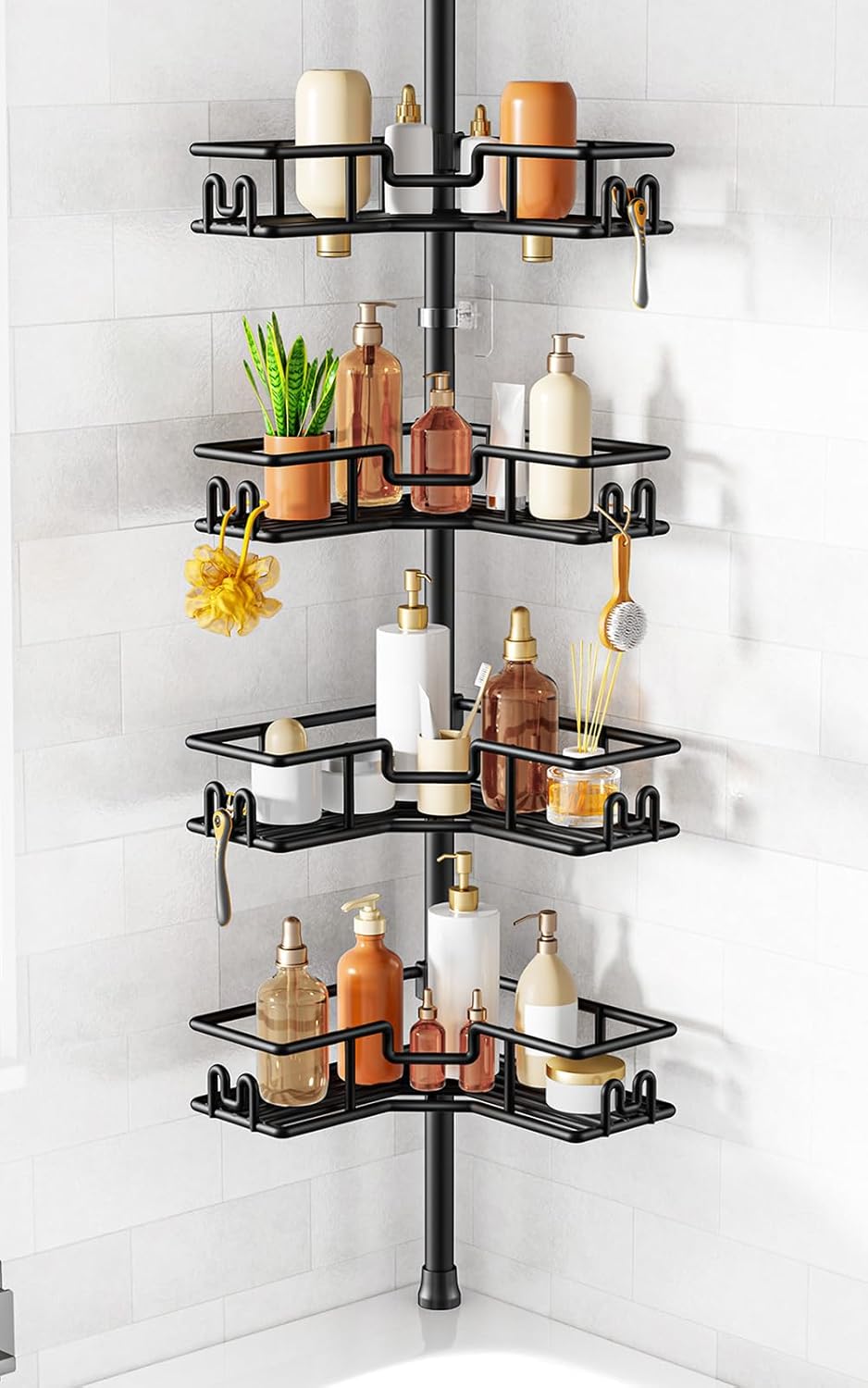HAMITOR Shower Caddy Tension Pole: 4-Tier Adjustable Corner Bathroom Organizer - Heavy Duty Rustproof L-Shaped Shelves- No Drilling Space-Saving Storage Rack for Family & Renters- 47-123 inch Black - Image 2