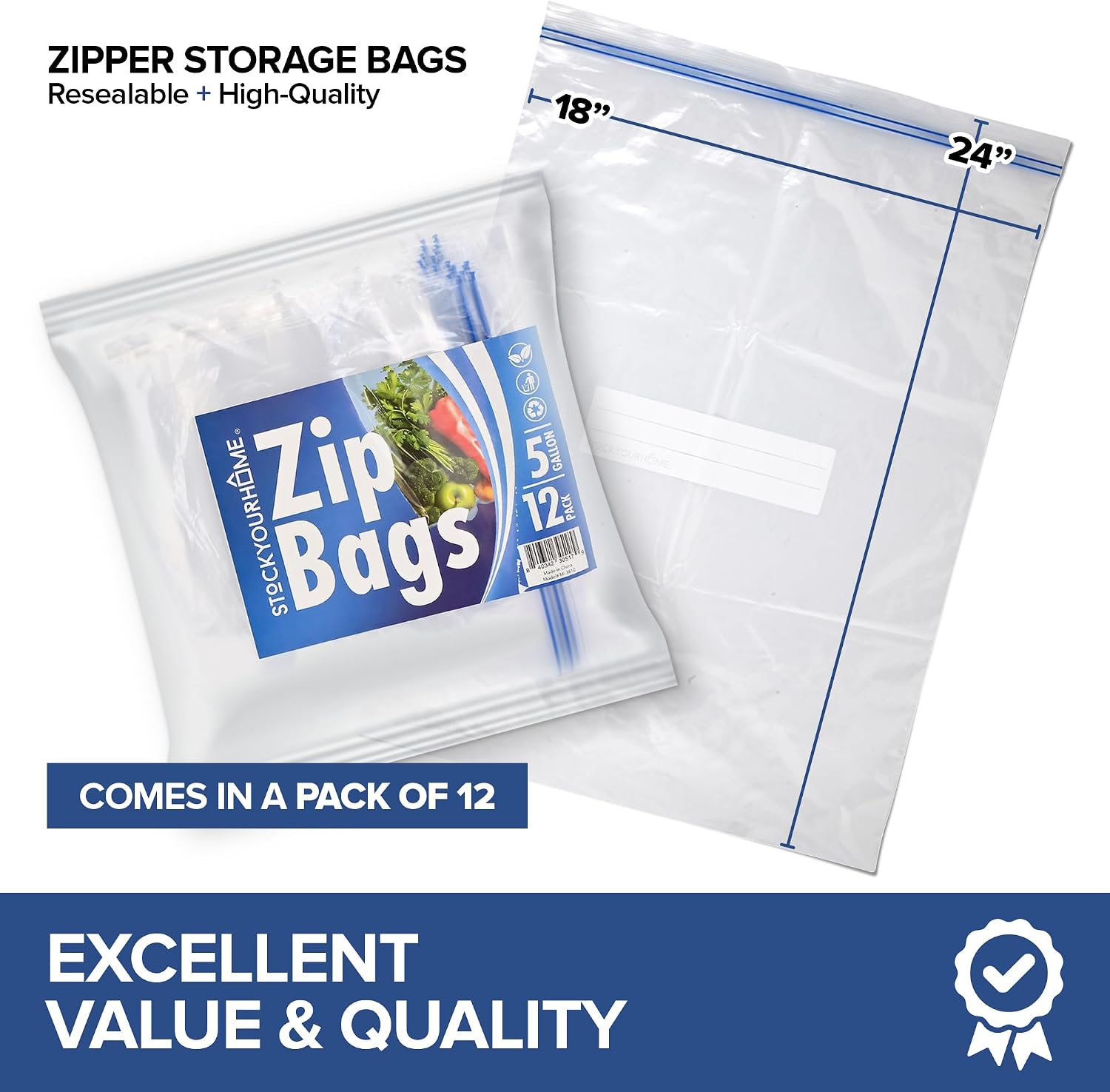 Zipper Storage Bags, (Pack of 12) 5 Gallon Resealable Food Storage Bag, Extra Large Zip Top Bags, Great Storage for Food, Clothing, Office Supplies & Travel Essential, 2 Mil Thick, Size 18"x 24" - Image 3