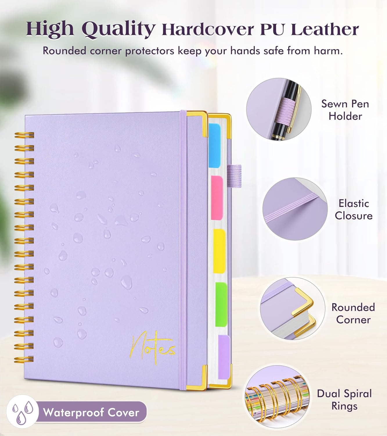 Spiral Notebook Journal with Removable Dividers Tabs, 300 Pages Hardcover Leather 5 Subject College Ruled Notebook, 8"x10" Large B5 Lined Journal for Women Men, Spiral Notebooks for Work School,Purple - Image 2