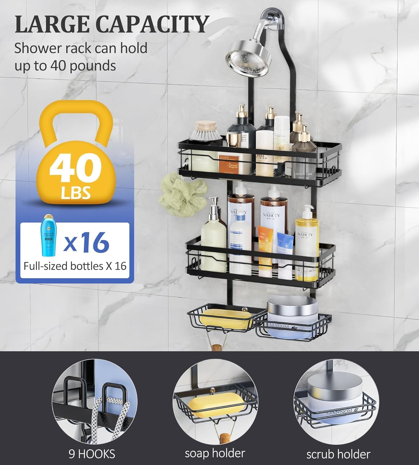 OMAIRA Shower Caddy Hanging Over the Shower Head - Rustproof Shower Organizer Hanging with Soap Scrub Holder, Non-Slip Stainless Steel Bathroom Storage Rack & Shelves, No Drilling, Black - Image 5