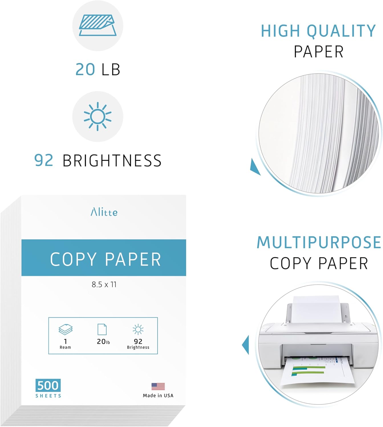 Printer Paper - 8.5 x 11 White Letter Size Copy Paper, 1 Ream 500 Sheets 20 lb Printing Paper for Documents Writing, Drawing, Smooth, 92 Bright | Home, School, Office Supplies | Made in USA - Image 2