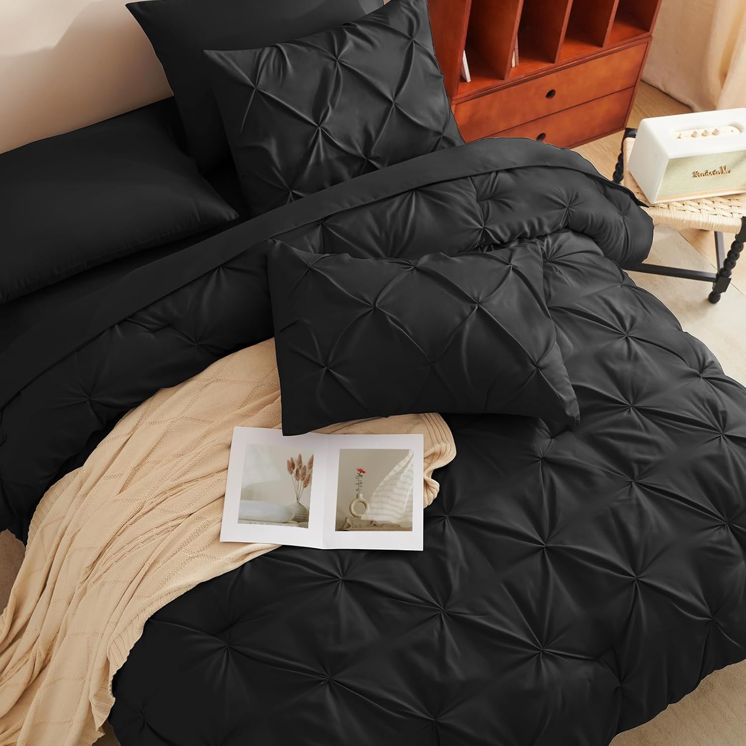 Queen Comforter Set Black - 7 Pieces Pintuck Bed in a Bag, Pinch Pleat Modern Room Decor, All-Season Soft Bedding Gift with Comforter, Sheets, Pillowcases & Shams - Image 5