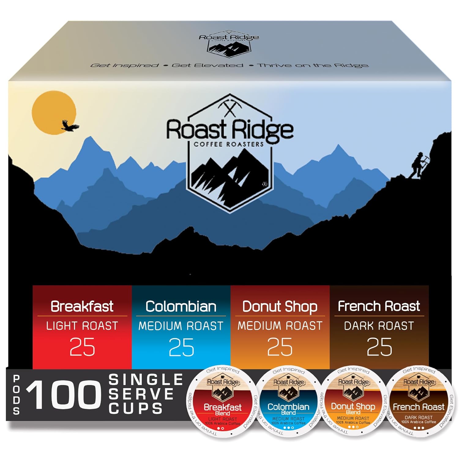 Roast Ridge Single Serve Coffee Pods for Keurig K-Cup Brewers, Variety Pack, Light Roast, Medium Roast, Dark Roast, 100 Count (25 Each: Breakfast Blend, Donut Shop, French Roast, Colombian) - Image 2