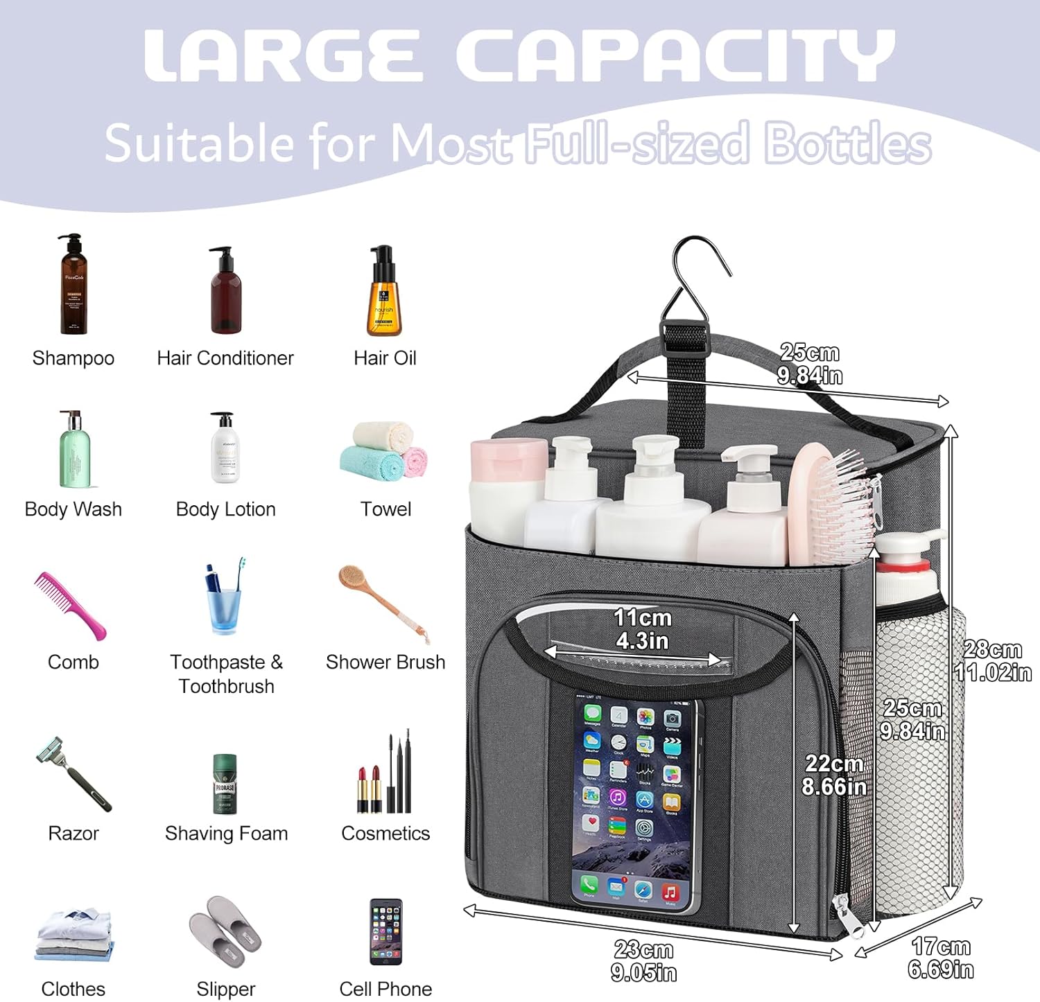 Attmu Shower Caddy Portable, Hanging Shower Bag for Dorm Room College, Large Capacity Quick Dry Mesh Tote Bag for Travel Camping Essentials (Gray) - Image 3