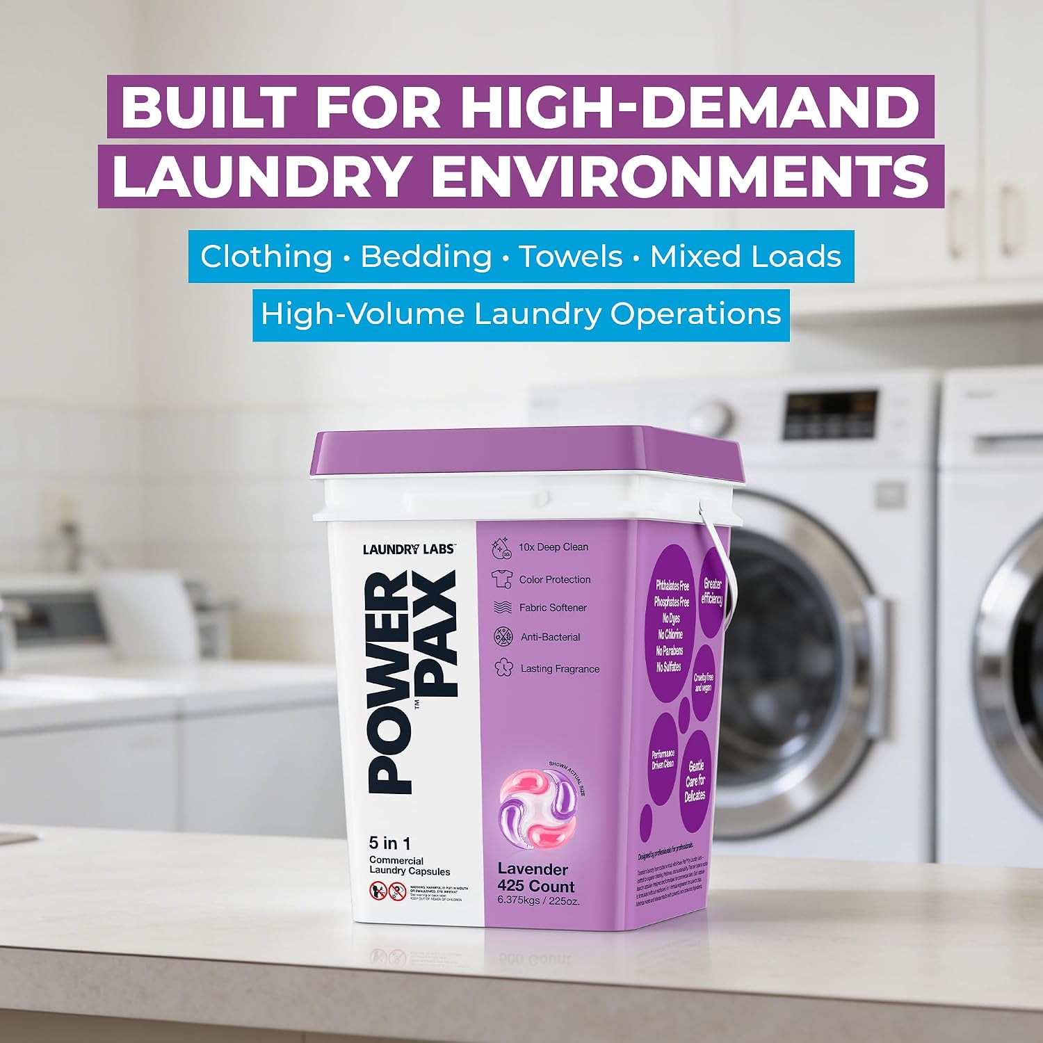 PowerPax 5-in-1 Laundry Detergent Pods - 425 Count, Washer Pods with Stain Remover, Odor Control, Fabric Softener & Color Care for Commercial Laundry - Lavender - Image 7