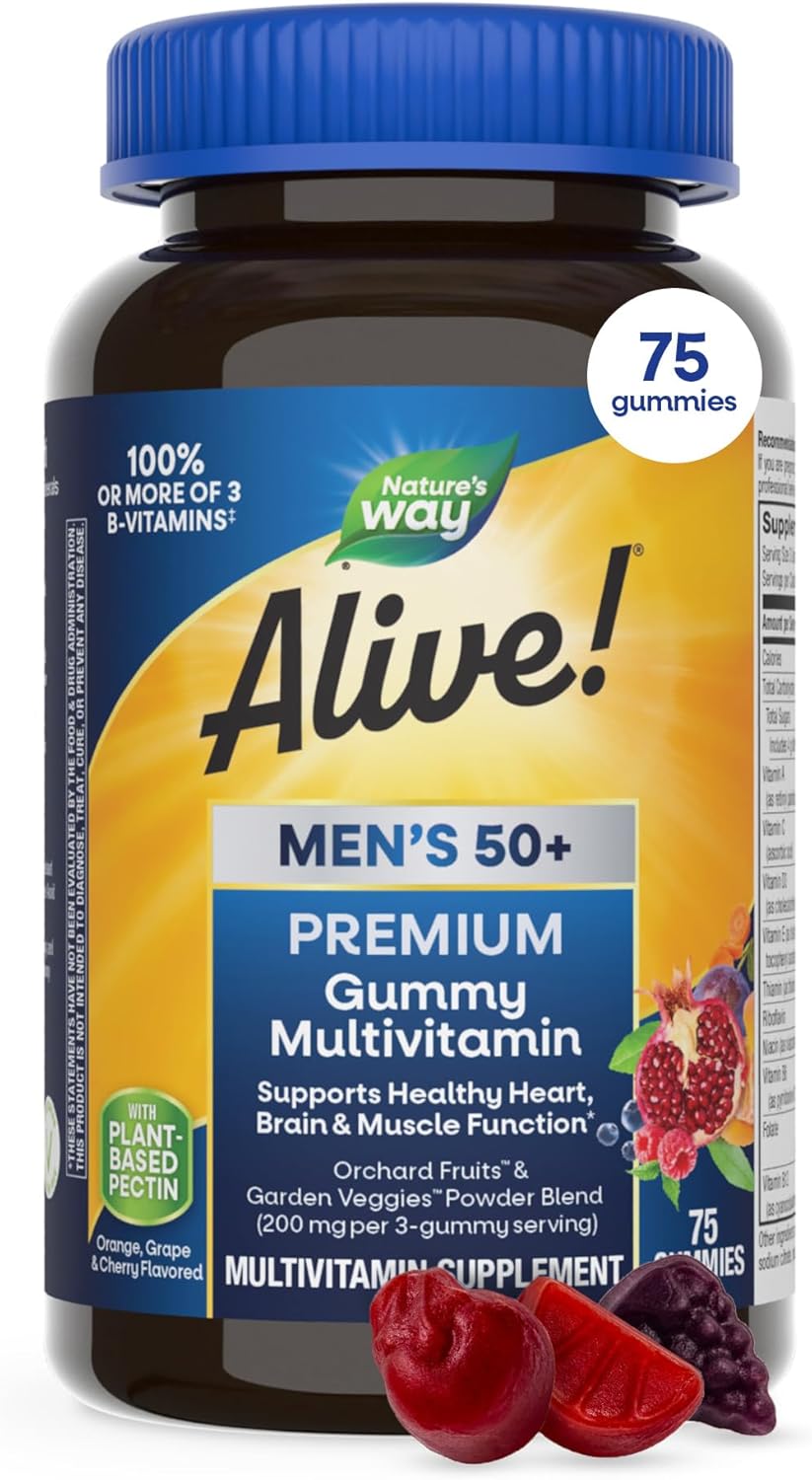 Nature's Way Alive! Men’s 50 Plus Premium Gummy Multivitamin, Supports Healthy Heart, Brain & Muscle Function with High Potency B-Vitamins, Vitamin A, C, D3, & Selenium*, Fruit Flavored, 75 Gummies - Image 2