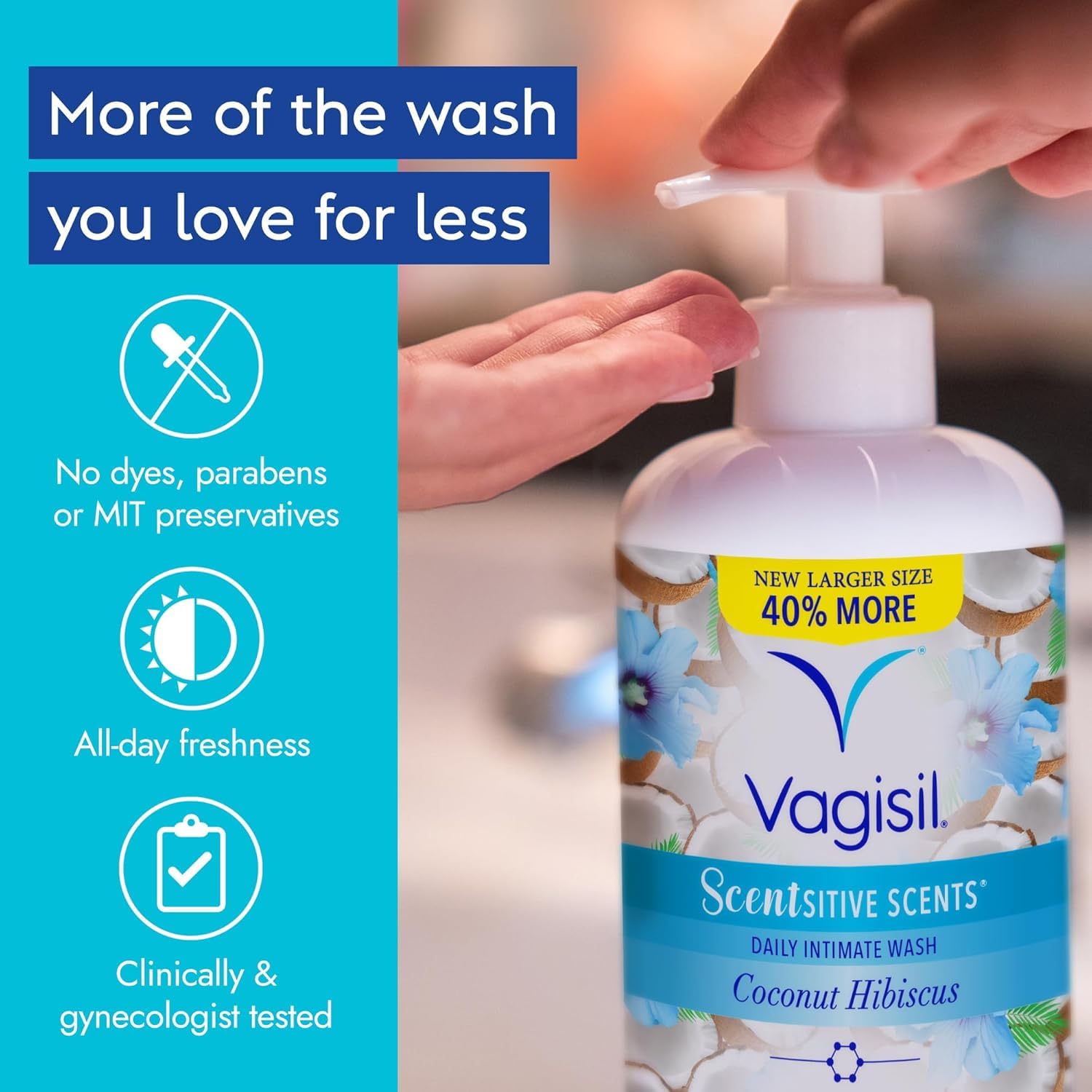 Vagisil Feminine Wash for Intimate Area Hygiene, Scentsitive Scents, pH Balanced and Gynecologist Tested, Coconut Hibiscus, 16.9 oz with Pump - Image 5