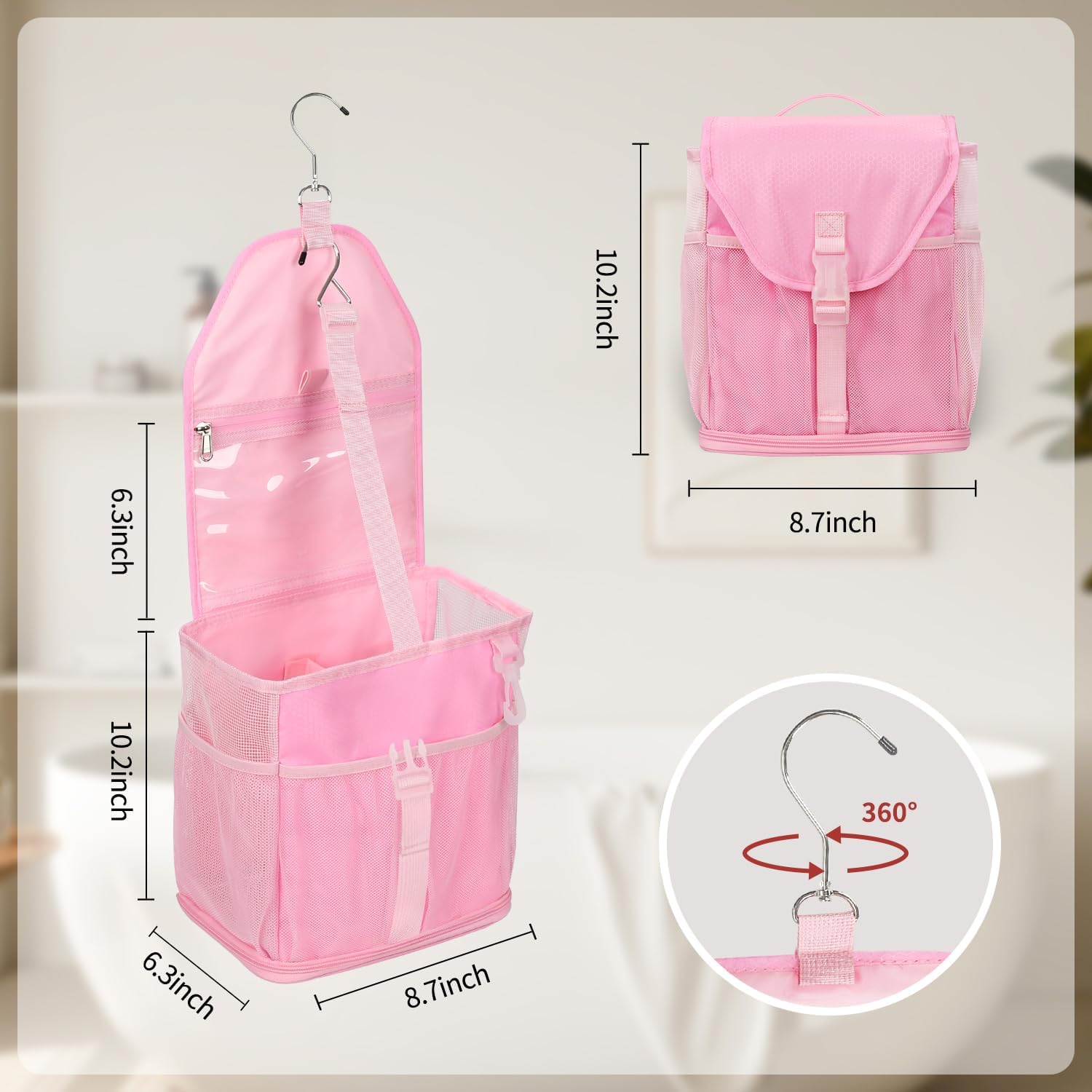 Ethereal Pink Hanging Mesh Shower Caddy Portable for College Dorm Room Essentials, Large Capacity Shower Bag for Guys/Girls, for Beach, Swimming, Gym - Image 9