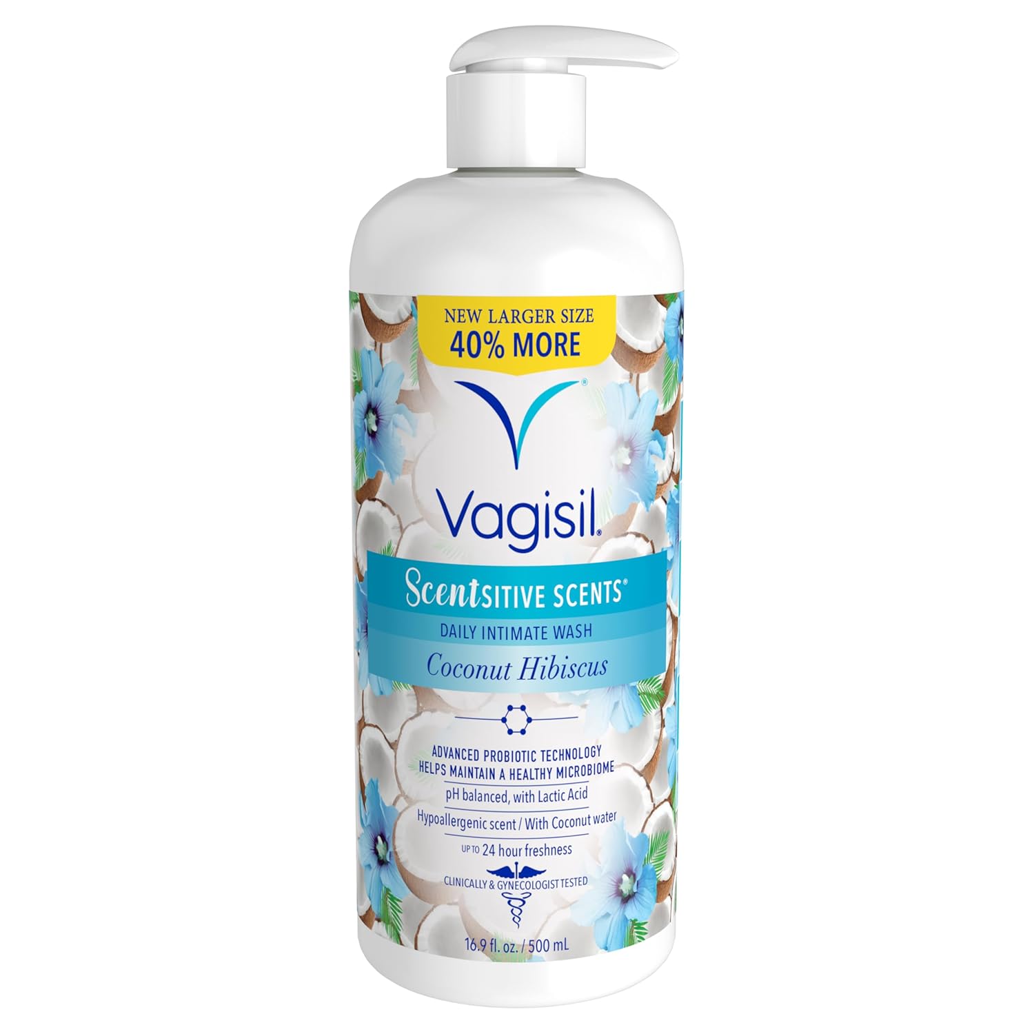 Vagisil Feminine Wash for Intimate Area Hygiene, Scentsitive Scents, pH Balanced and Gynecologist Tested, Coconut Hibiscus, 16.9 oz with Pump - Image 2