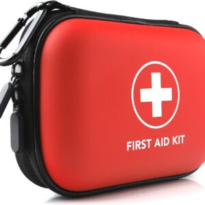 Mini First Aid Kit, 100 Pieces Water-Resistant Hard Shell Small Case – Perfect for Travel, Outdoor, Home, Office, Camping, Hiking, Car (Red)