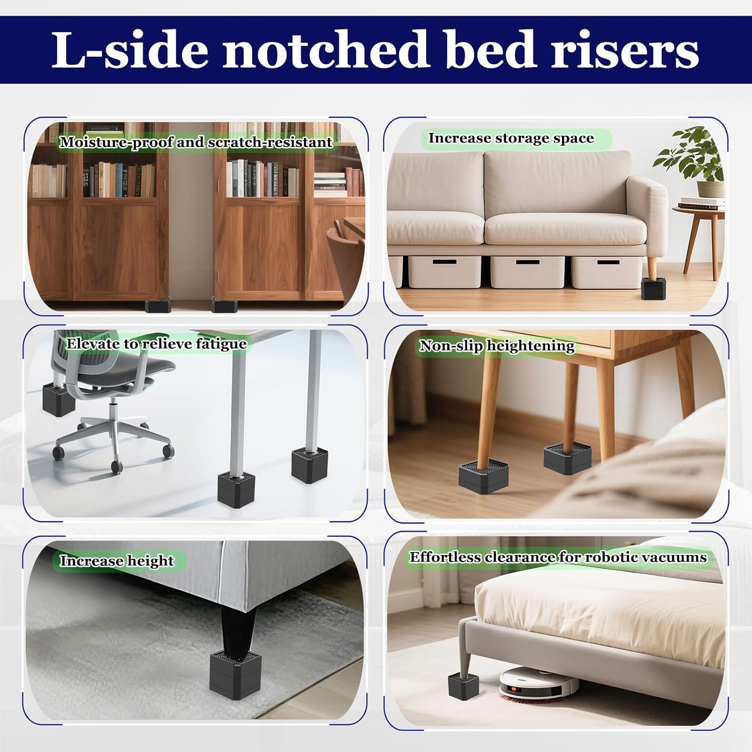 Bed Risers Heavy Duty, Adjustable Furniture Riser Blocks Lift 1.5, 3, 4.3 inches for Couch Table Desk Sofa Chair Legs, Refrigerator, Washing Machine - Support up to 4000 lbs (Black 4 Pack, 3 inch) - Image 6