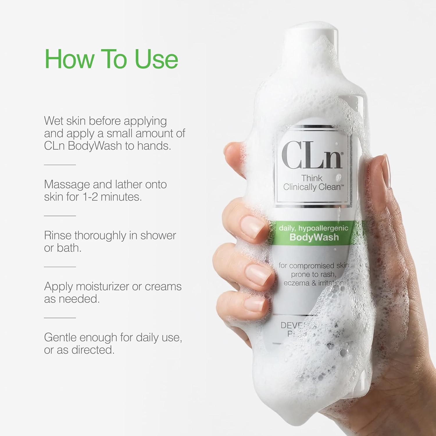 CLn® BodyWash – Non-Drying Body Wash Preserved with Sodium Hypochlorite, For Compromised Skin Prone to Eczema, Dermatitis, Rash & Hidradenitis Suppurativa, Fragrance-Free & Paraben-Free, 8 fl oz - Image 7