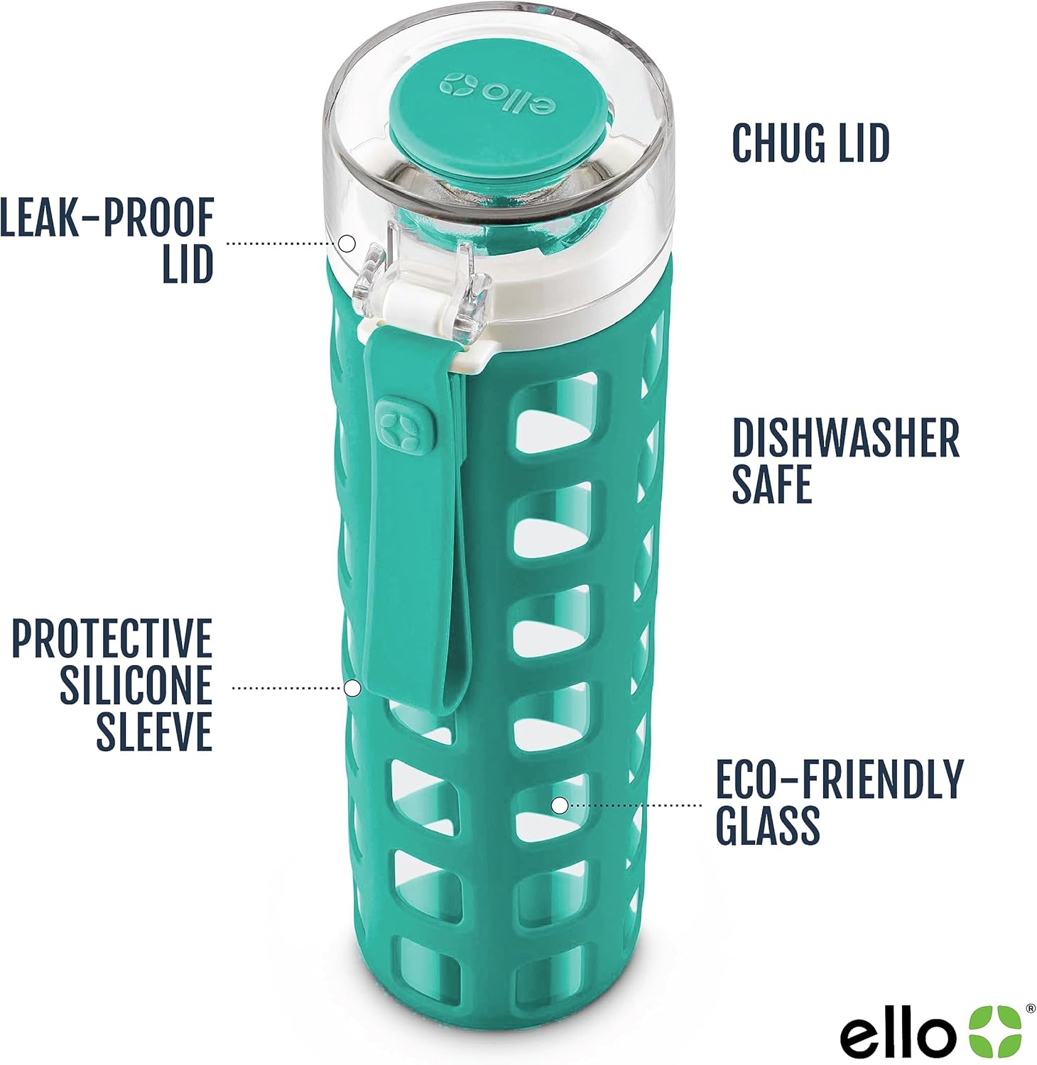Ello Syndicate 20oz Reusable Glass Water Bottle with One-Touch Leak Proof Flip Lid and Protective Non-Slip Silicone Sleeve and Carry Loop for Coffee, Tea and Water, BPA-free, Dishwasher Safe, Mint - Image 3