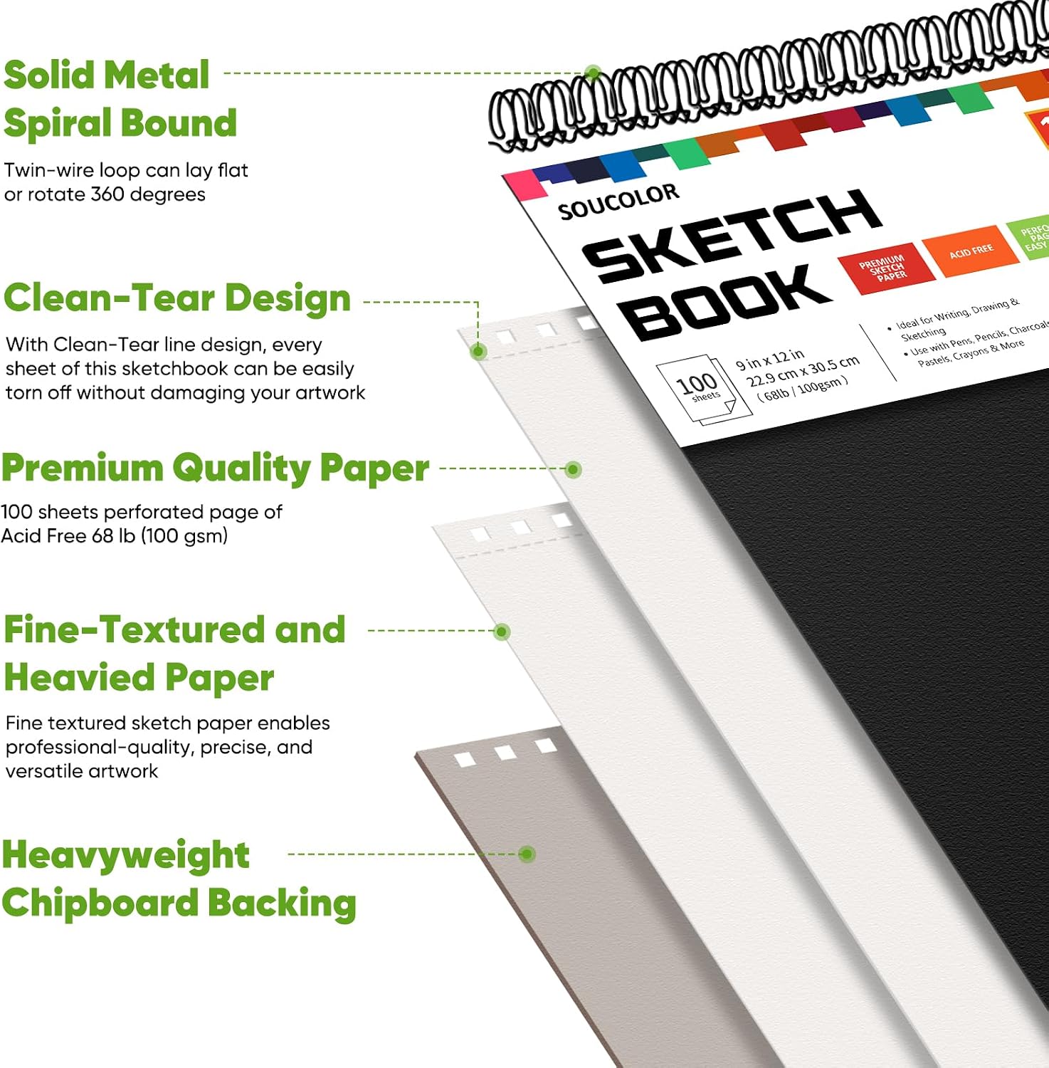 Soucolor 9" x 12" Sketch Book, 100 Sheets Top Spiral Bound Sketchbook with Acid-Free 68lb/100gsm Thick Drawing Paper, Art Sketch Pad for Kids, Adults & Artist, Professional Art Supplies for Beginners - Image 6