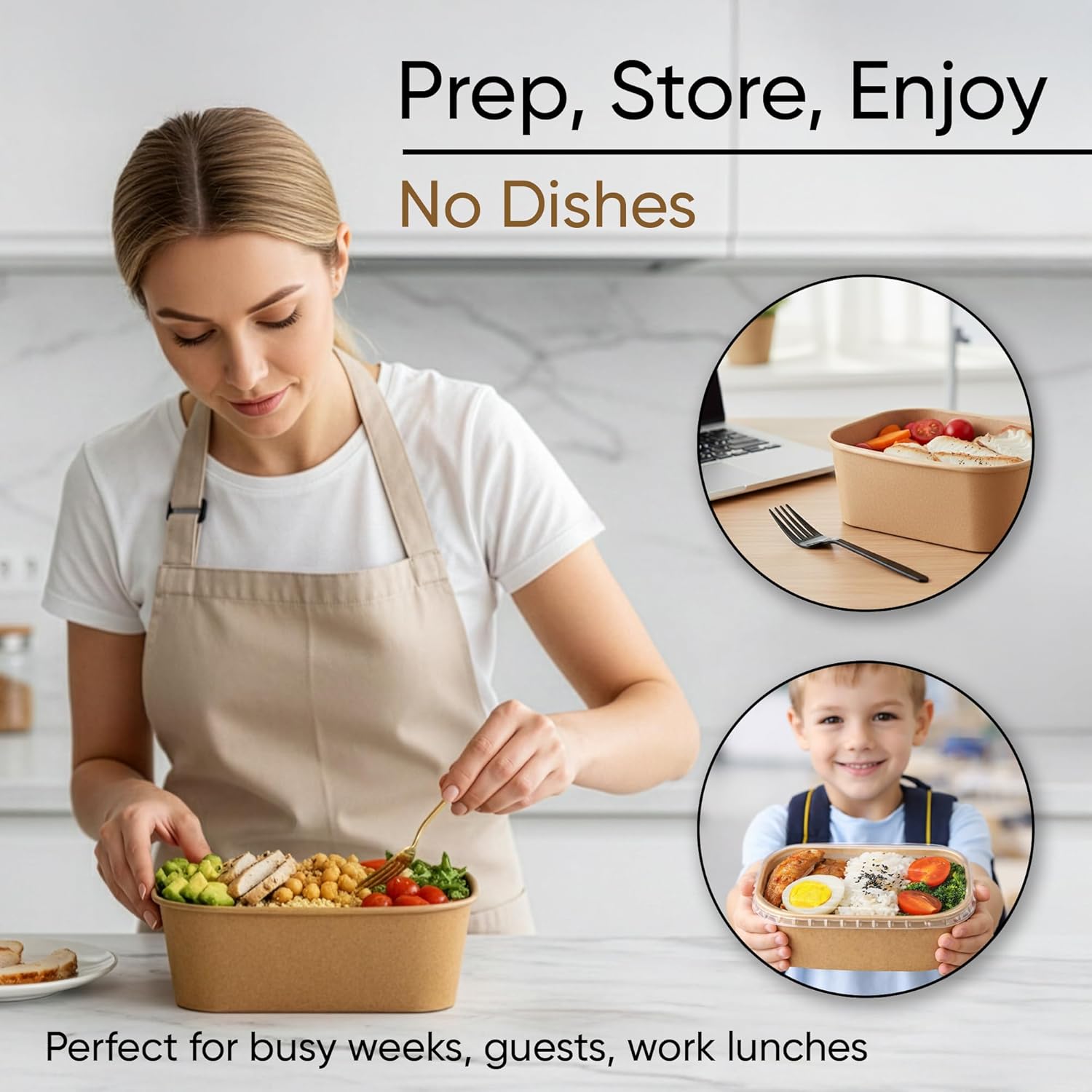 Leafiew 50 Pack 29Oz Disposable Meal Prep Containers With Lids - Microwave and Freezer Safe Kraft Paper Bowls with Lids and Forks - Disposable Food Containers - To Go Bowls for Food Prep and Salad - Image 8