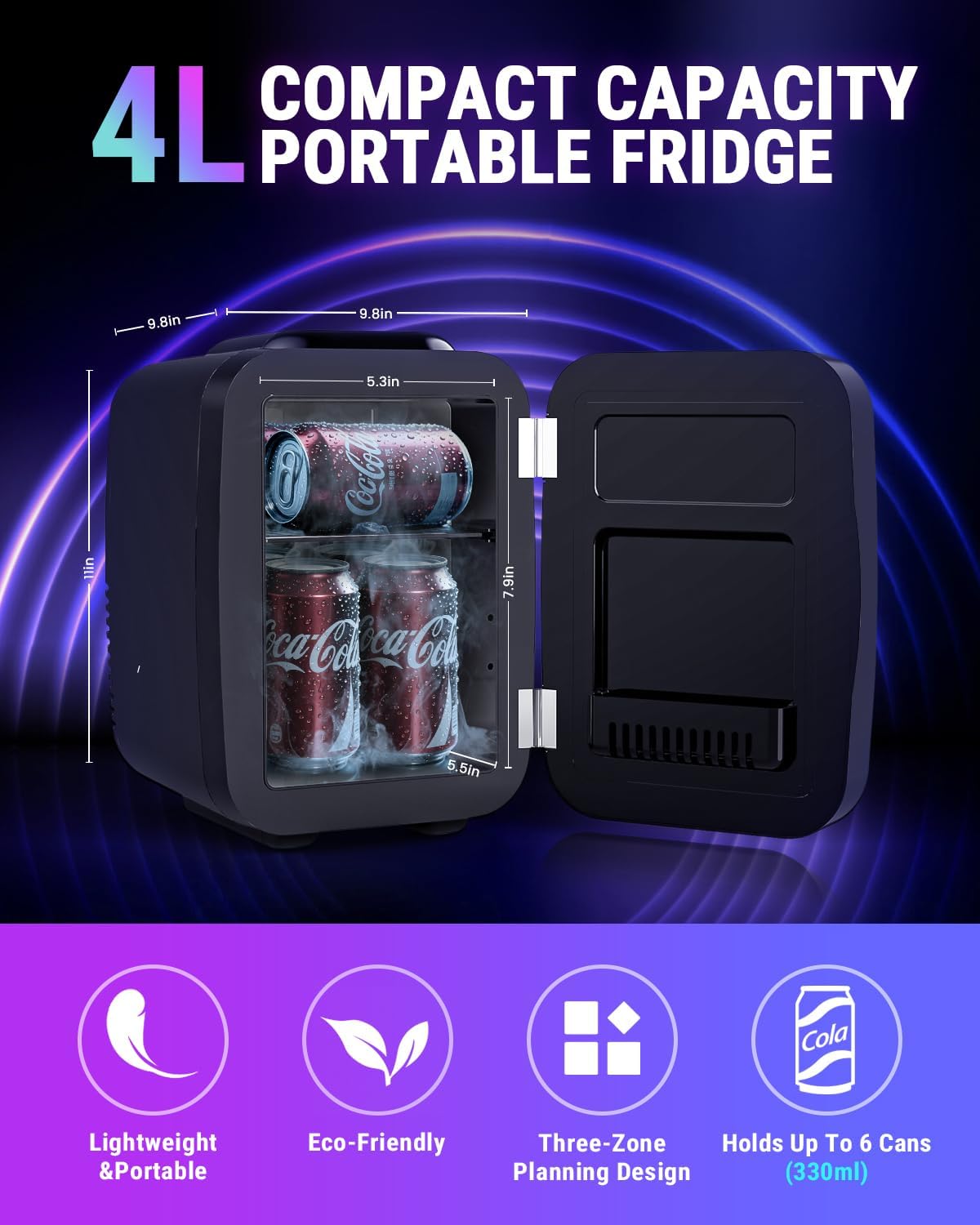 FANSEXPERT Mini Fridge, 4 Liter/6 Cans Small Refrigerator With Dimmable LED Light,AC/DC Portable Mini Cooler and Warmer, Gaming Small Fridge for Bedroom,Office,Gaming Room and Car (Black) - Image 3
