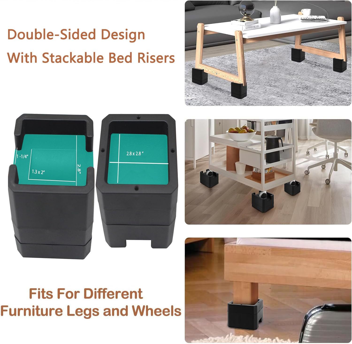 Bed Risers, Black, 3 Inch Height, Double-Sided Stackable Design for Different Furniture Legs and Wheels, 4 Pack (Black, 3 Inch) - Image 8