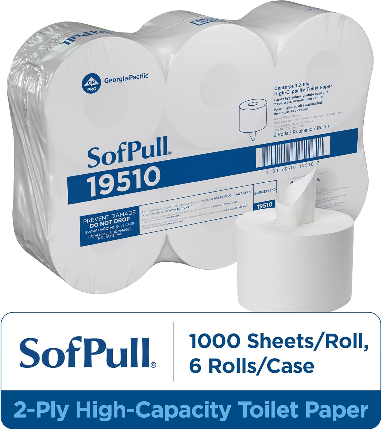 Georgia Pacific SofPull 19510 Centerpull 2-Ply High Capacity Toilet Paper, 1000 Sheets Per Roll, 6 Rolls Per Case, White - Image 3