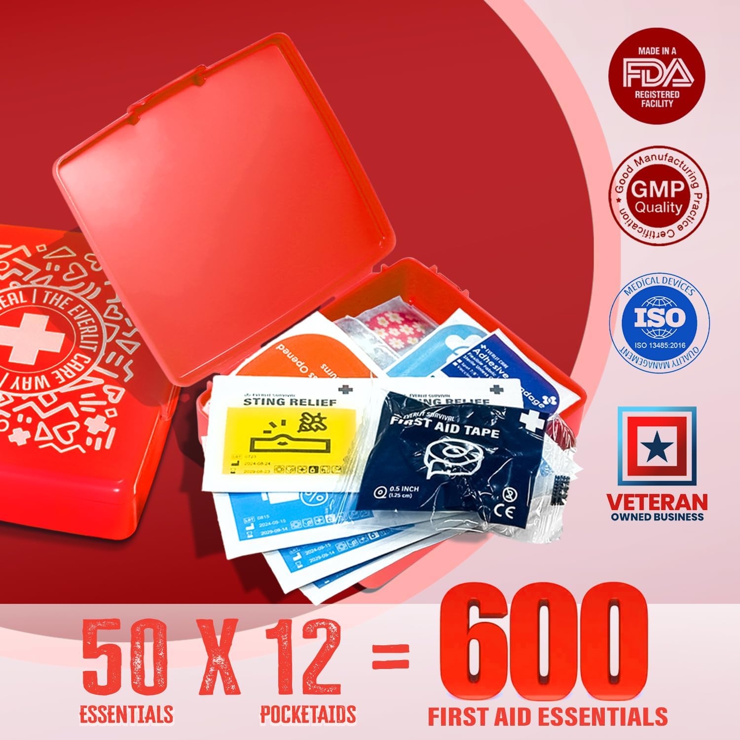 EVERLIT Pocket-Aid Mini First Aid Kit | Compact, Portable Hard-Shell Cases of 50 Items | Cuts, Scrapes, Wound Care Essentials for Travel, Outdoor, School, Camping, Home, Office (12 Packs | 600 Pcs) - Image 5