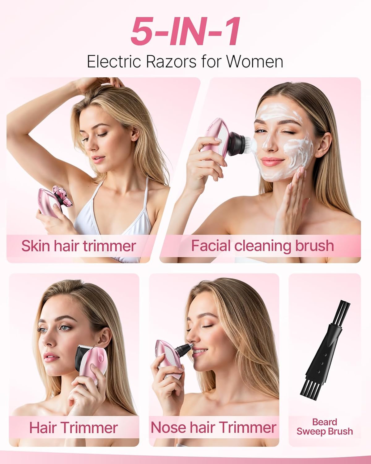 Electric Razors for Women, 5-in-1 Rechargeable Body Shaver - Waterproof Wet Dry Hair Remover - Trimmer for Lady Face Underarms Bikini,Lips,arms, Legs - Image 3