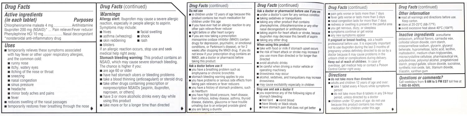 Advil Allergy and Congestion Relief Tablets, Pain Reliever, Fever Reducer and Allergy Relief with Ibuprofen, Phenylephrine HCl and Chlorpheniramine Maleate 4 mg - 20 Coated Tablets - Image 7
