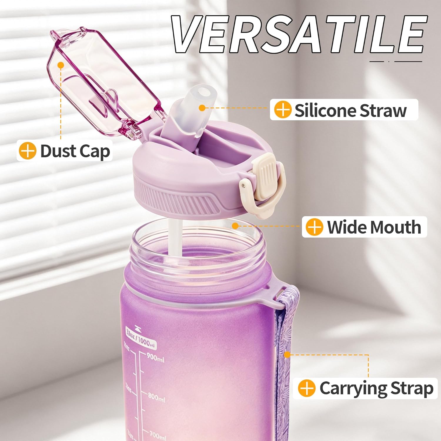 YC Kitchen Motivational Water Bottle with Time Marker- 32oz Water Bottles with Times to Drink, Leakproof & BPA Free Sports Water Bottle with Straw & Carry Strap for Fitness, Gym, and Outdoor Sports - Image 2