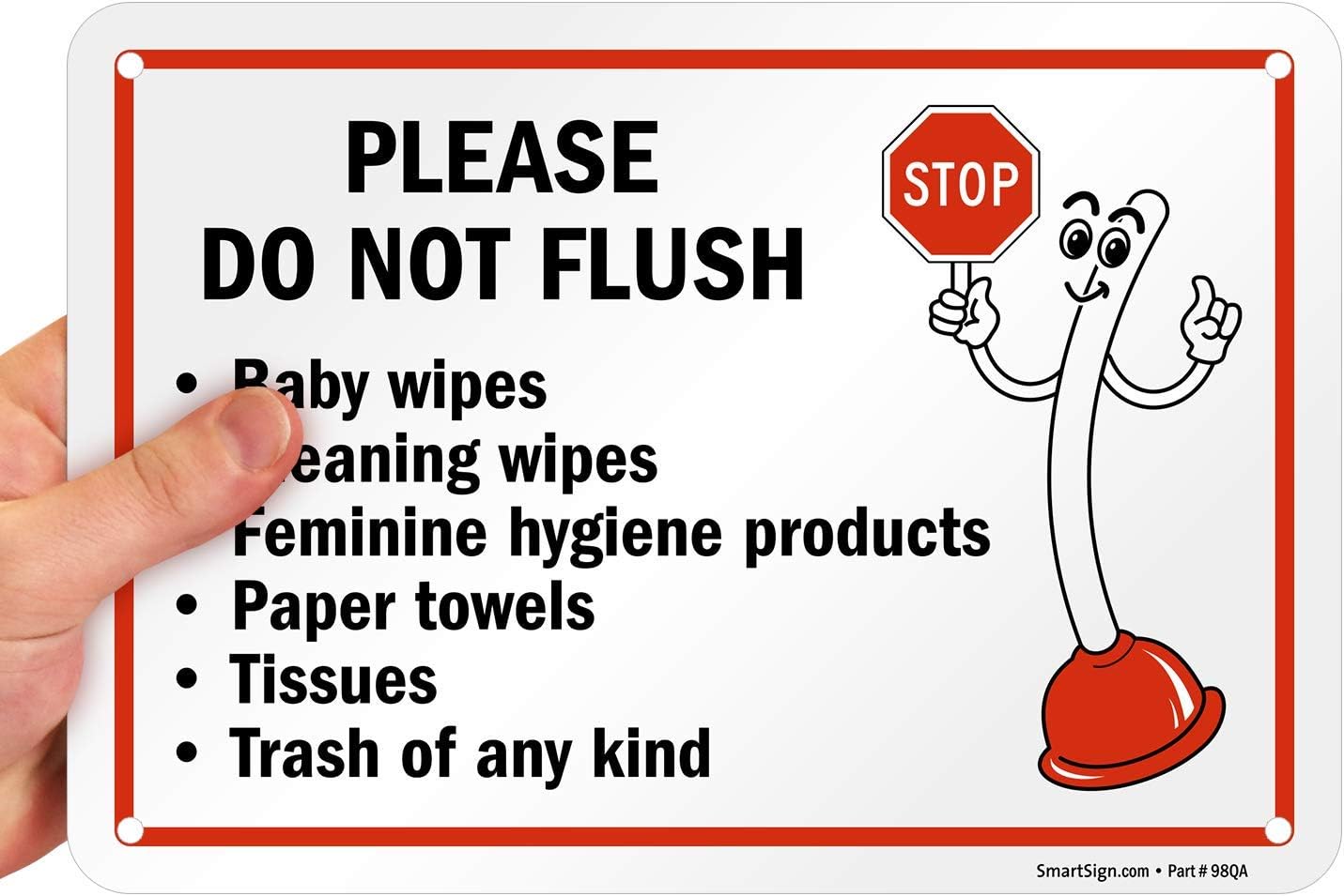 SmartSign 7" x 10" 'Please Do Not Flush Wipes/Feminine Hygiene Products/Paper Towels/Tissues/Trash' Bathroom Sign with Funny STOP Symbol, 55 mil HDPE Plastic, Red/Black/White, USA-Made - Image 3
