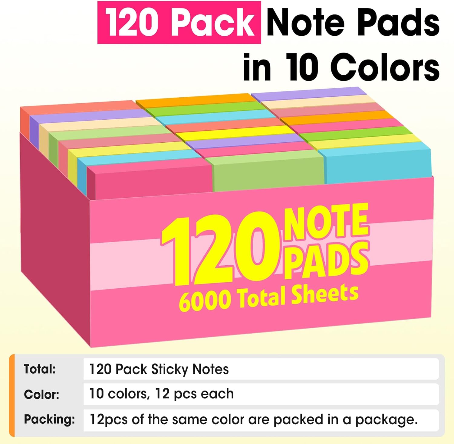 120 Pads Sticky Notes 3x3, Self-Stick Pads Bulk Bright Colors, School Supplies, Office Products, 50 Sheet/Pad - Image 5