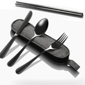 Matte Black 5-Piece Stainless Steel Travel Utensil Set with Waterproof Case, Reusable Portable Flatware Includes Knife, Fork, Spoon, Chopsticks for Camping, Office, Picnic & Daily Use